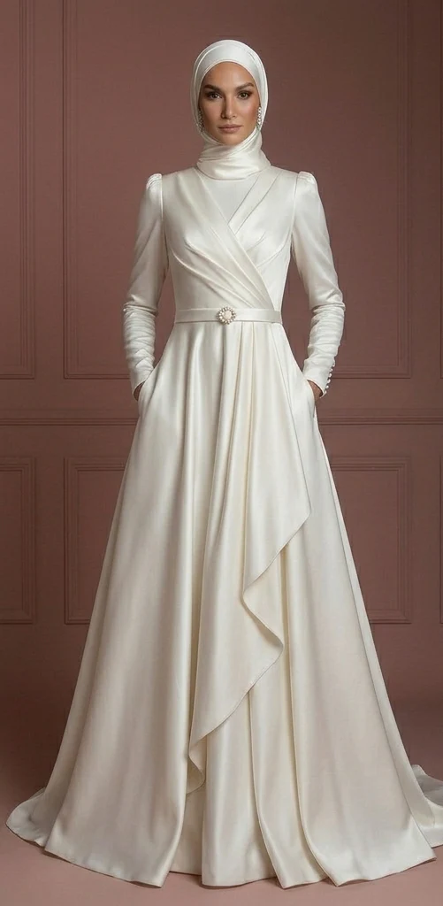 Satin Minimalist Hijab Wedding Dress – Ivory Modern Modest Gown Muslim - Image 2