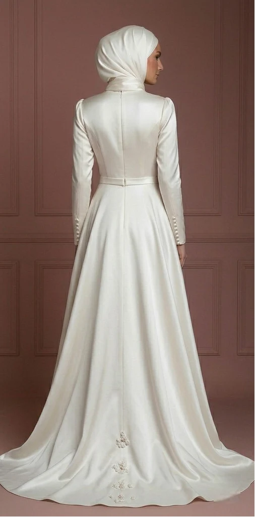 Satin Minimalist Hijab Wedding Dress – Ivory Modern Modest Gown Muslim - Image 3