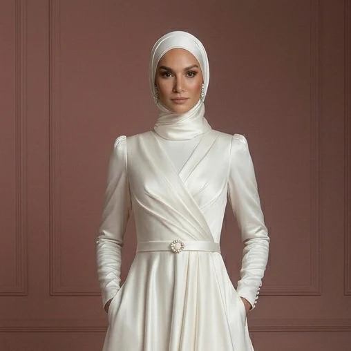 Satin Minimalist Hijab Wedding Dress – Ivory Modern Modest Gown Muslim - Image 4