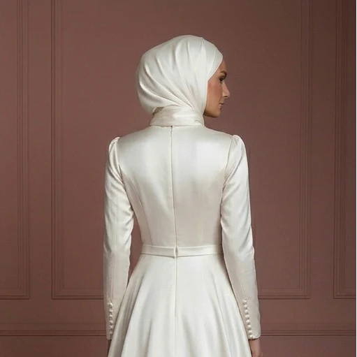Satin Minimalist Hijab Wedding Dress – Ivory Modern Modest Gown Muslim - Image 5