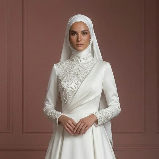 Satin Minimalist Princess Wedding Dress – Pearl White Modern Muslim Style - Image 4
