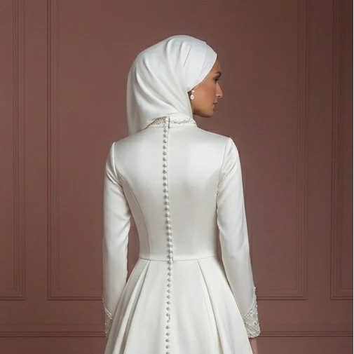 Satin Minimalist Princess Wedding Dress – Pearl White Modern Muslim Style - Image 5