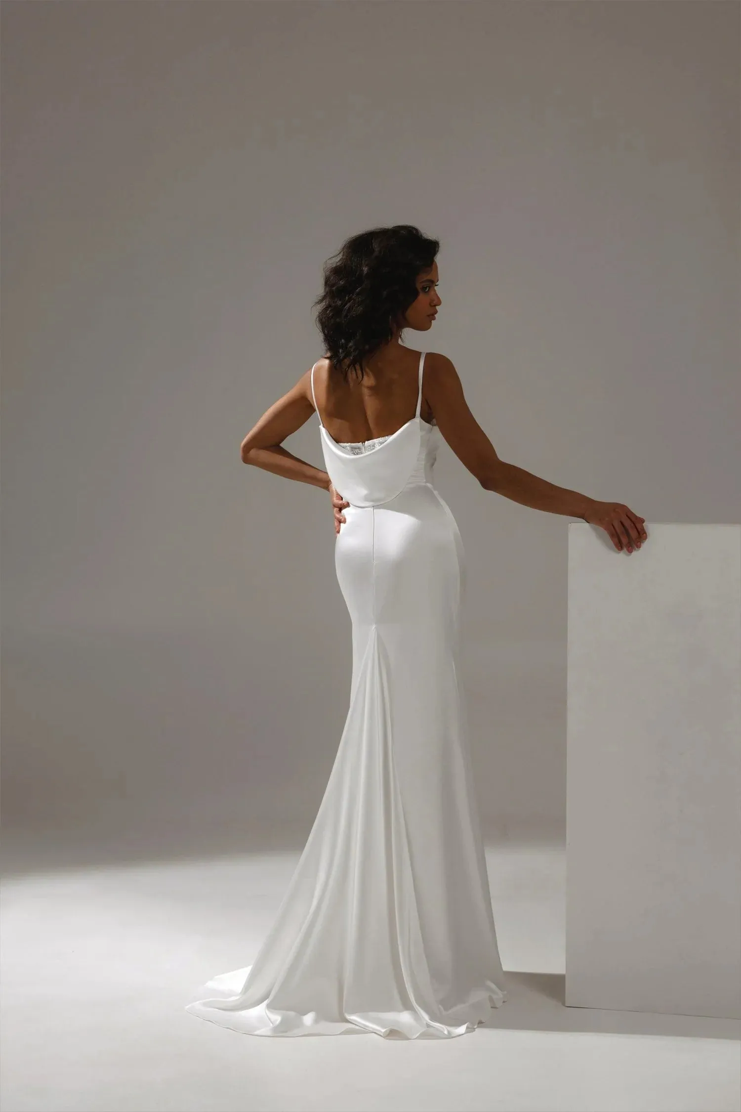 Satin Wedding Dress Sheath Silhouette Spaghetti Straps Square Neckline Natural Waist - Image 2