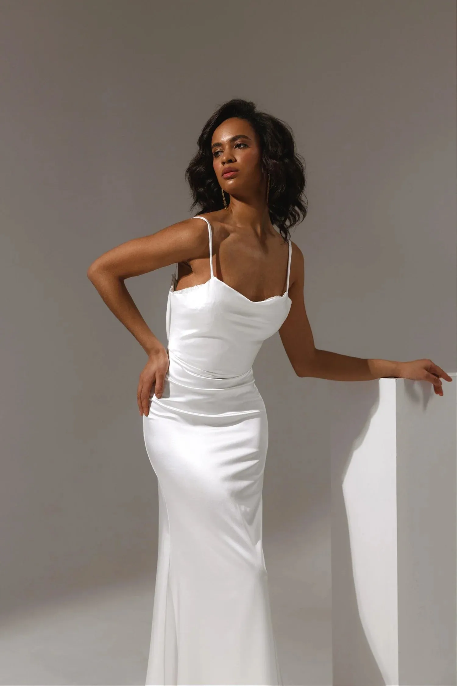 Satin Wedding Dress Sheath Silhouette Spaghetti Straps Square Neckline Natural Waist - Image 3