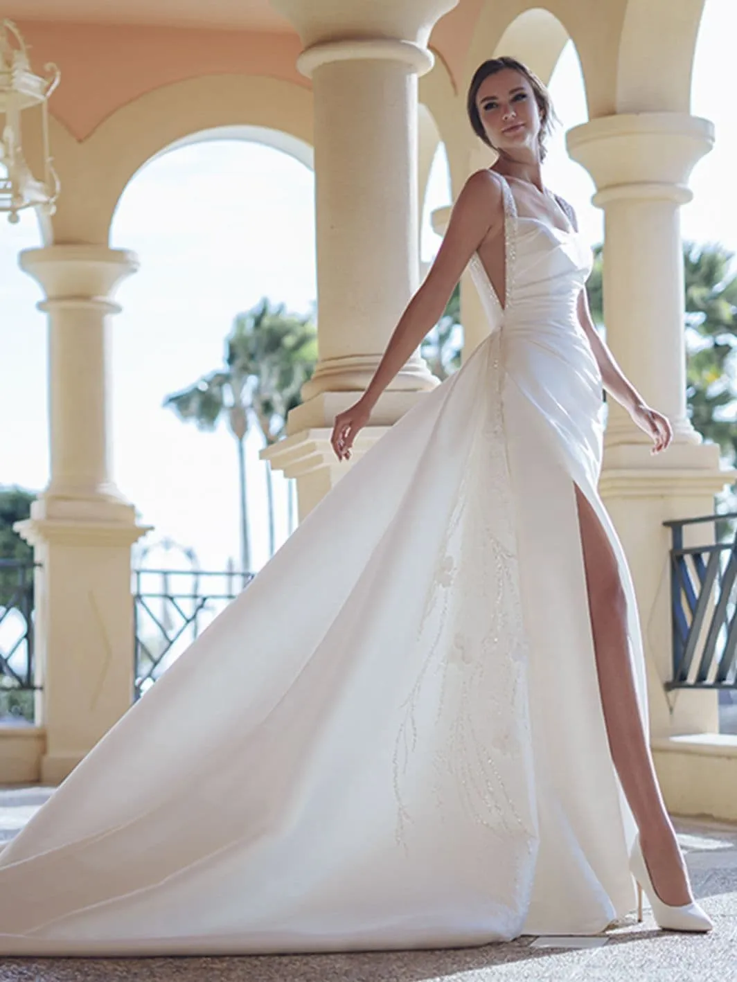 Satin Wedding Dress Slit Square Collar A-line Pleat Backless Lace Appliques Robe De Mariee Customized - Image 3
