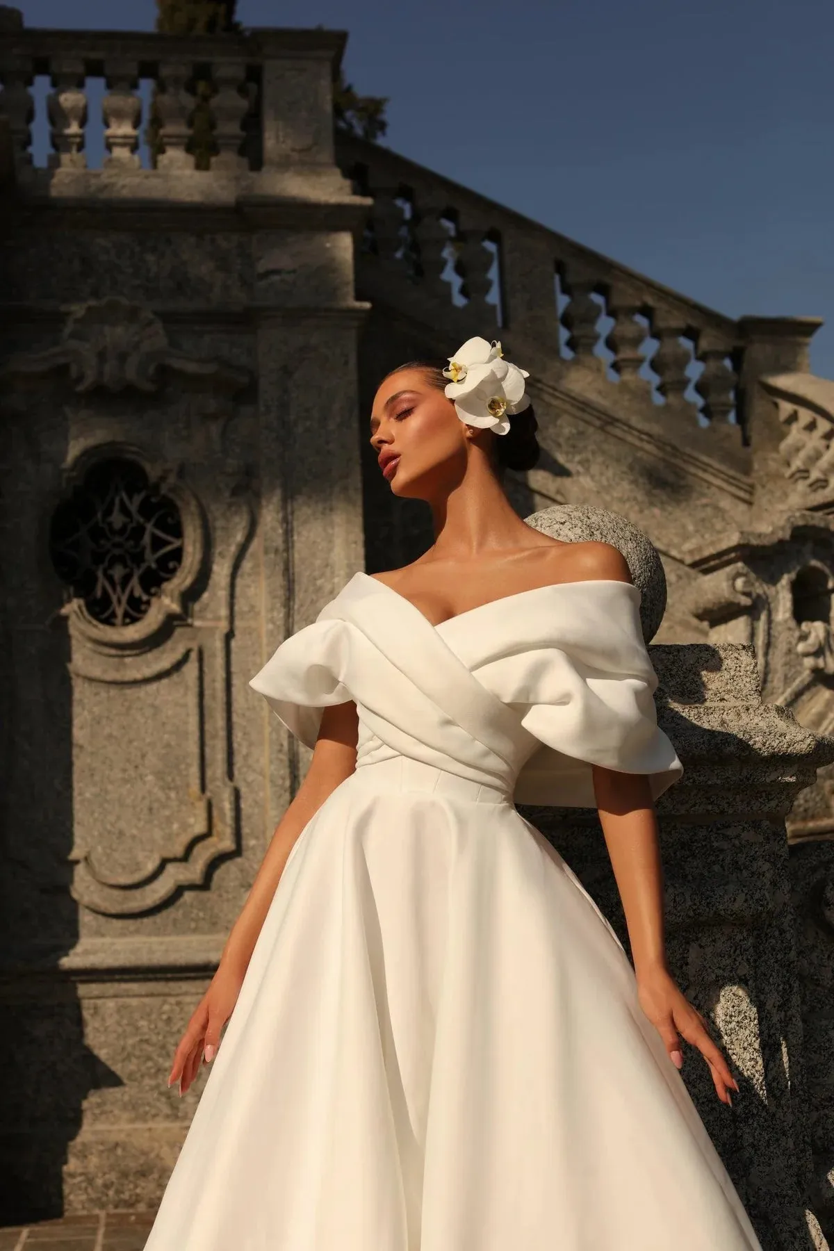 Satin Wedding Dresses A Line Off the Shoulder Pleat Bride Gowns Pretty Open Back Sweep Train Vestido De Novia Customized - Image 3