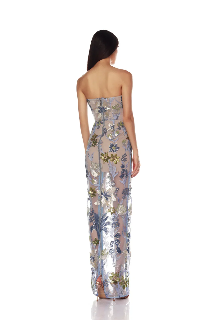 Sequin Flower Embroidery Sexy Mesh See Through Strapless Ankle Length Dress Woman Evening Party Dress Celebrity Cocktail Vestido - Image 3