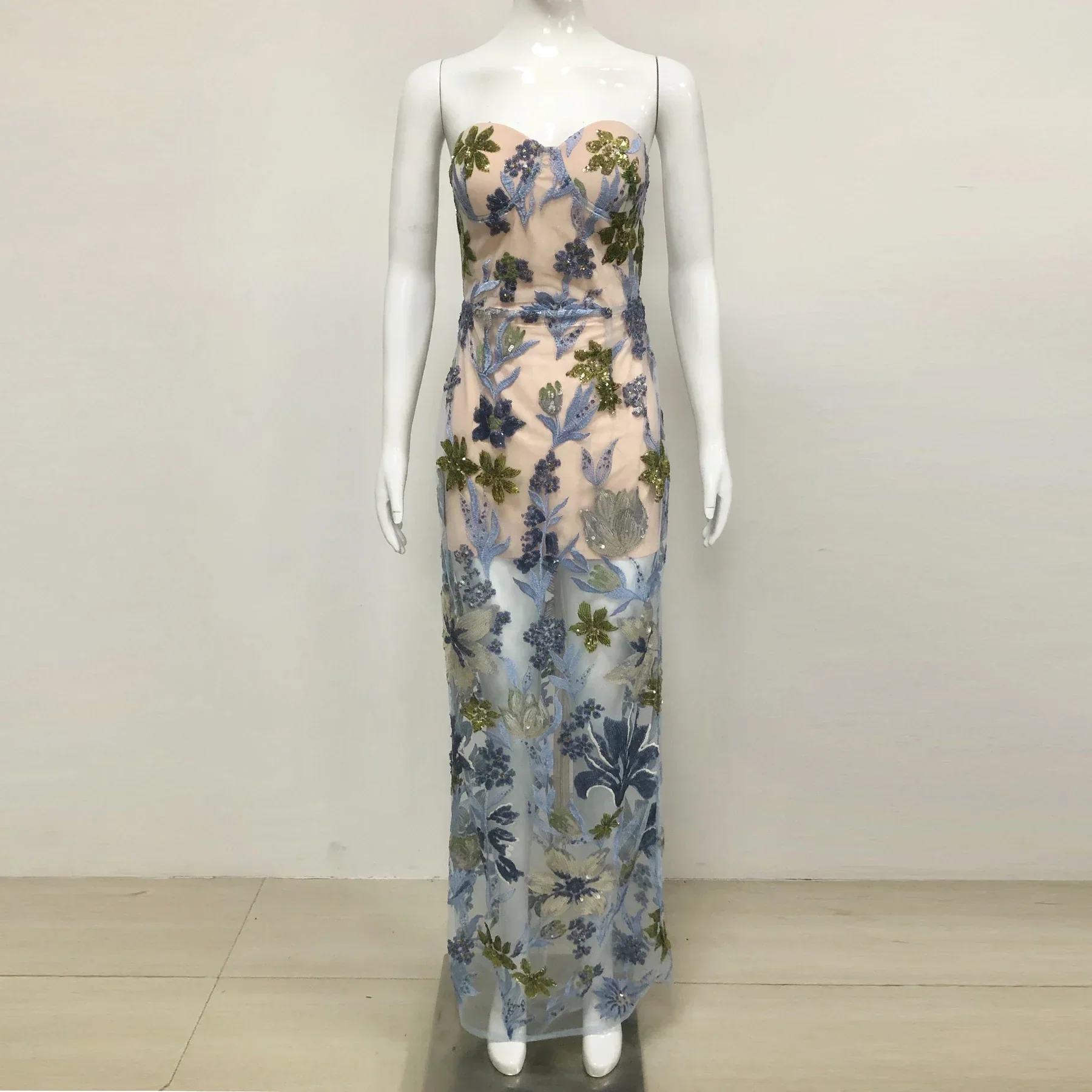 Sequin Flower Embroidery Sexy Mesh See Through Strapless Ankle Length Dress Woman Evening Party Dress Celebrity Cocktail Vestido - Image 4