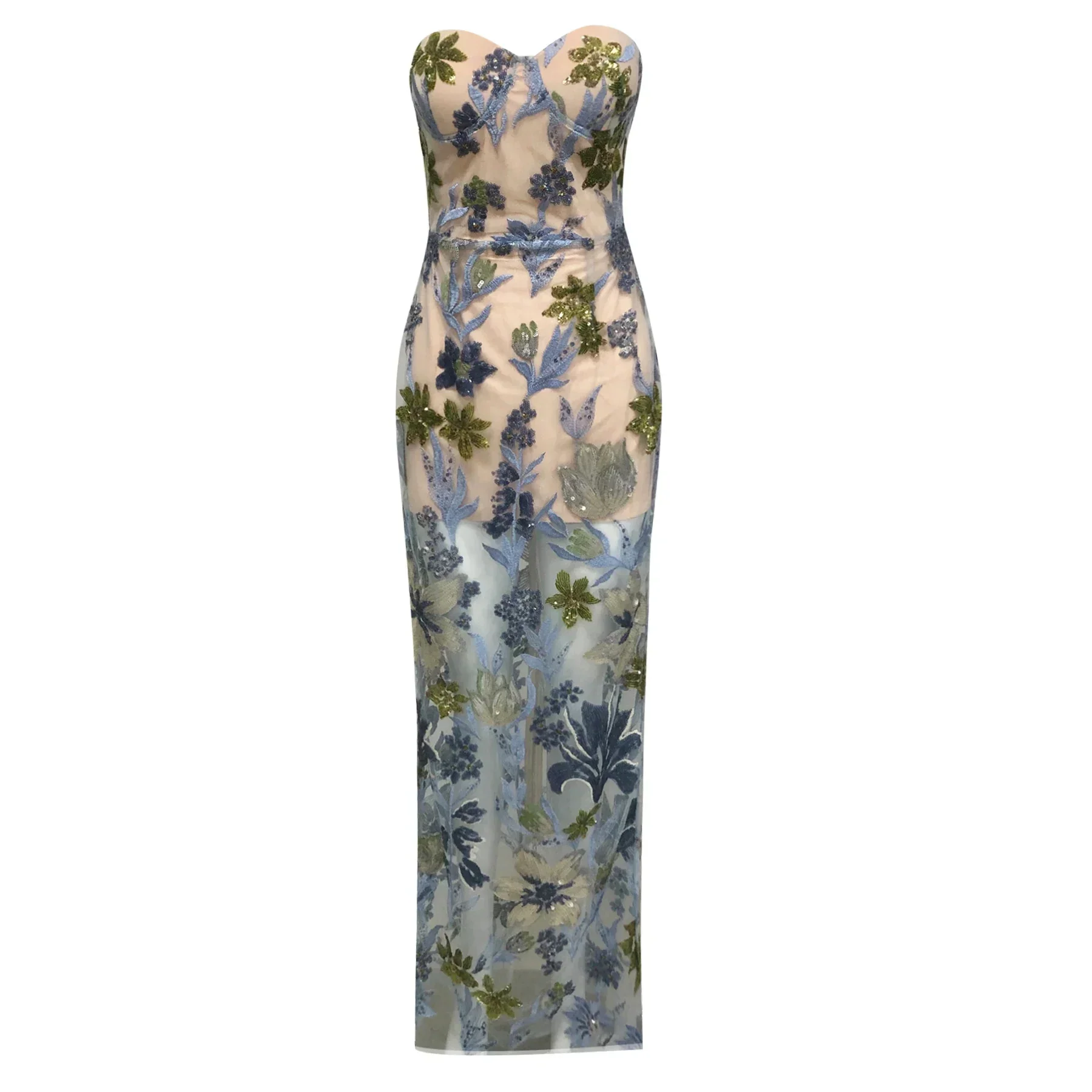 Sequin Flower Embroidery Sexy Mesh See Through Strapless Ankle Length Dress Woman Evening Party Dress Celebrity Cocktail Vestido - Image 5