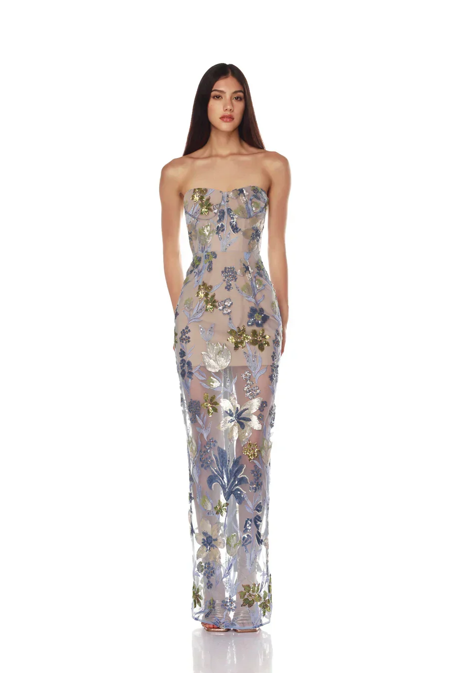 Sequin Flower Embroidery Sexy Mesh See Through Strapless Ankle Length Dress Woman Evening Party Dress Celebrity Cocktail Vestido - Image 7