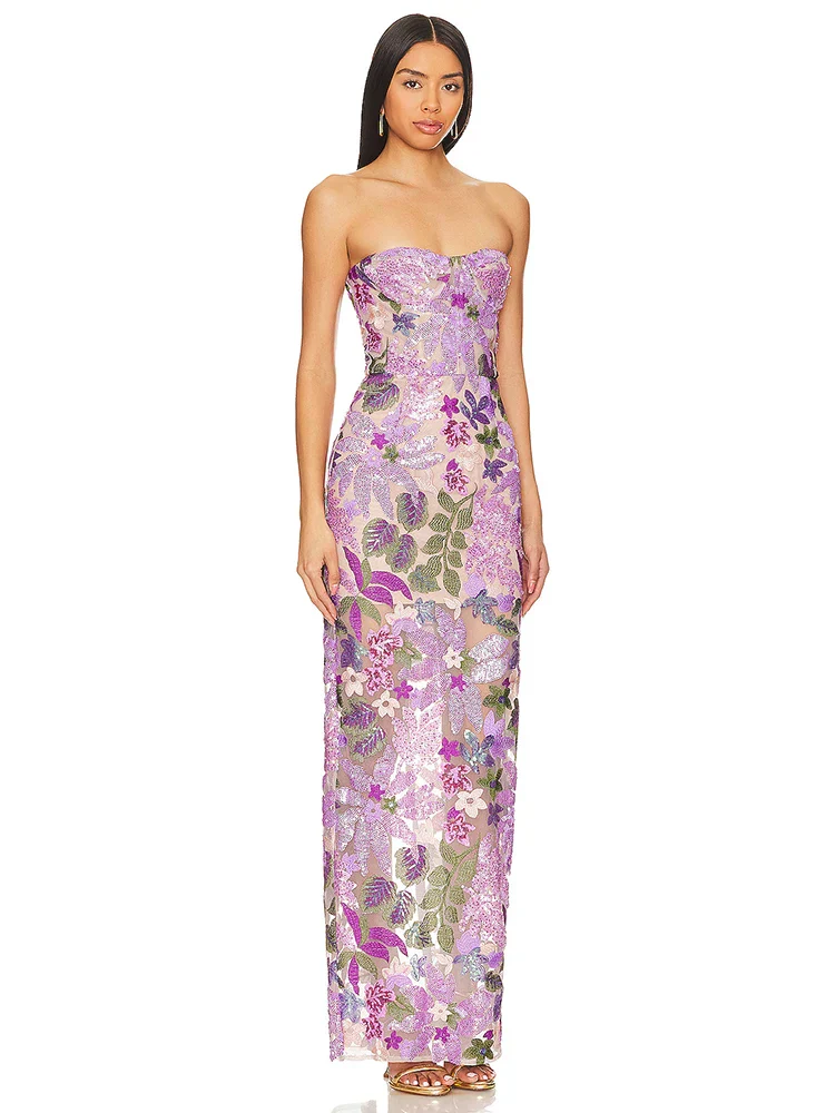 Sequin Flowers Embroidery Sexy Mesh See Through Strapless Ankle Length Dress Elegant Woman Evening Dress Celebrity Party Outfit - Image 2
