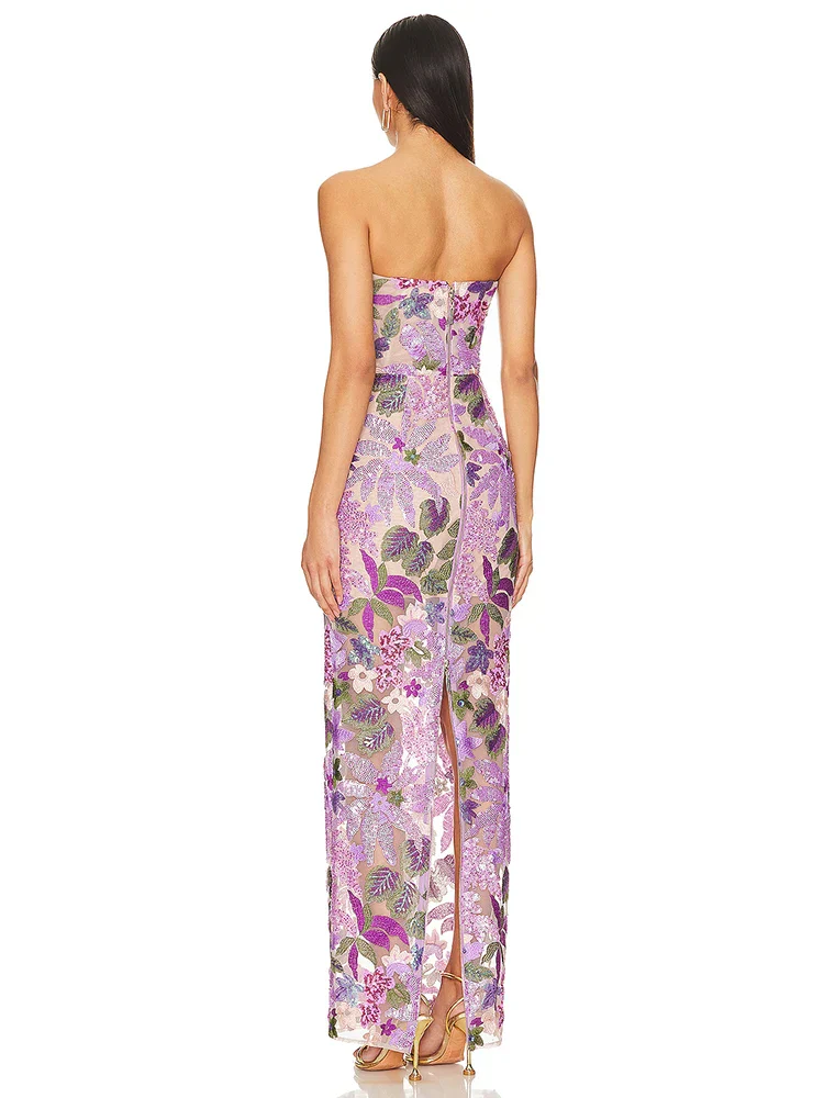 Sequin Flowers Embroidery Sexy Mesh See Through Strapless Ankle Length Dress Elegant Woman Evening Dress Celebrity Party Outfit - Image 3