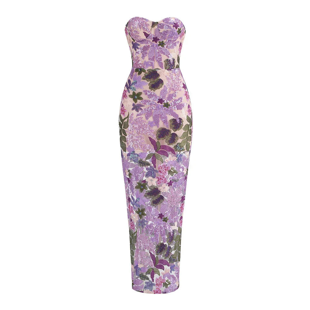 Sequin Flowers Embroidery Sexy Mesh See Through Strapless Ankle Length Dress Elegant Woman Evening Dress Celebrity Party Outfit - Image 4