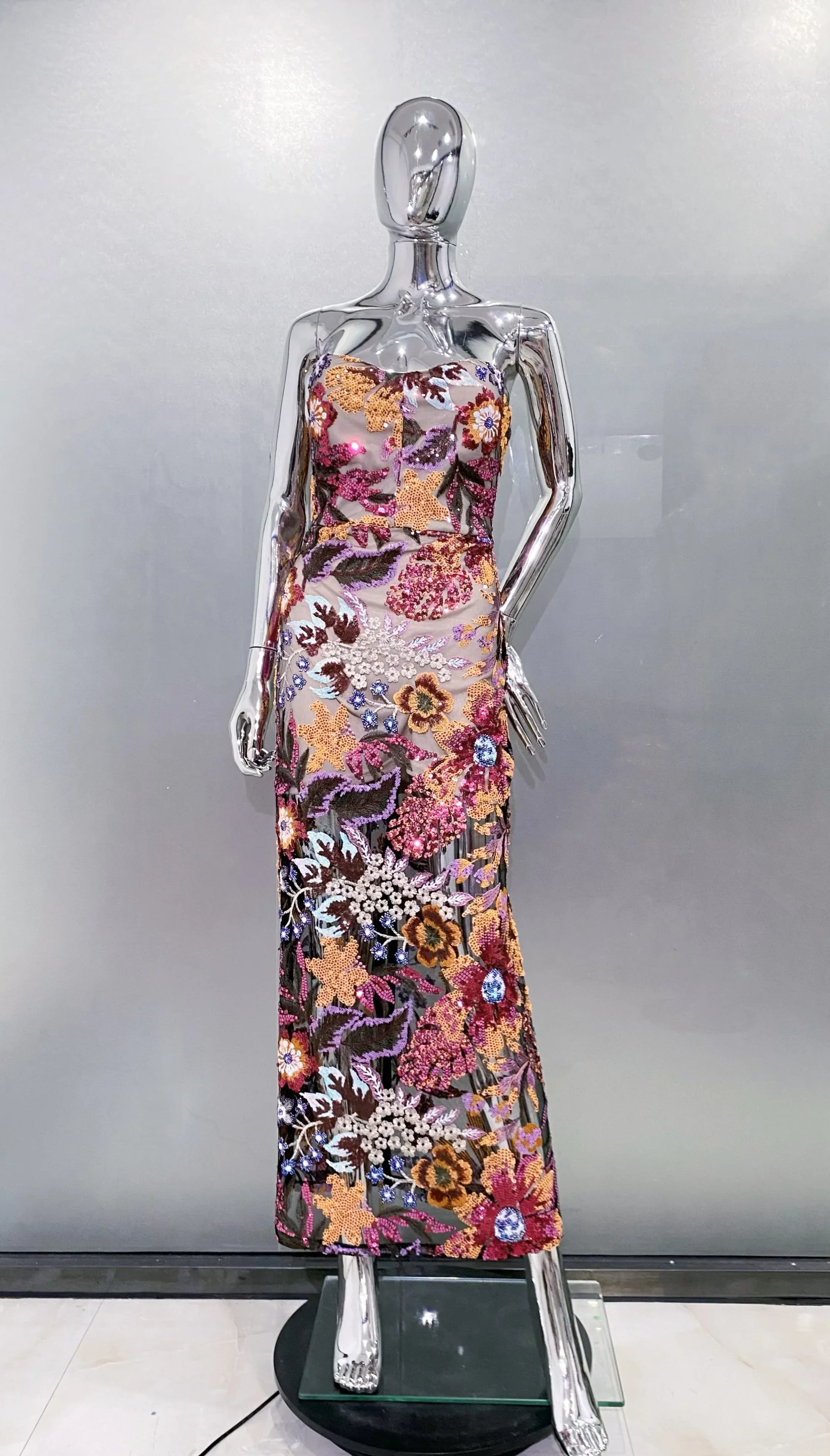 Sequin Flowers Embroidery Sexy Mesh See Through Strapless Ankle Length Dress Elegant Woman Evening Dress Celebrity Party Outfit - Image 6