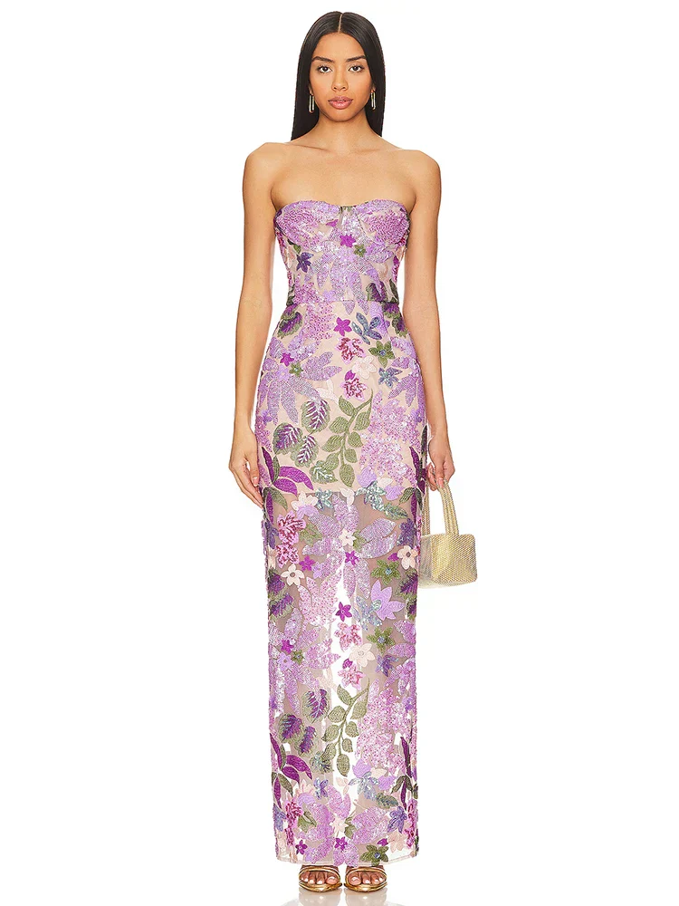 Sequin Flowers Embroidery Sexy Mesh See Through Strapless Ankle Length Dress Elegant Woman Evening Dress Celebrity Party Outfit - Image 7