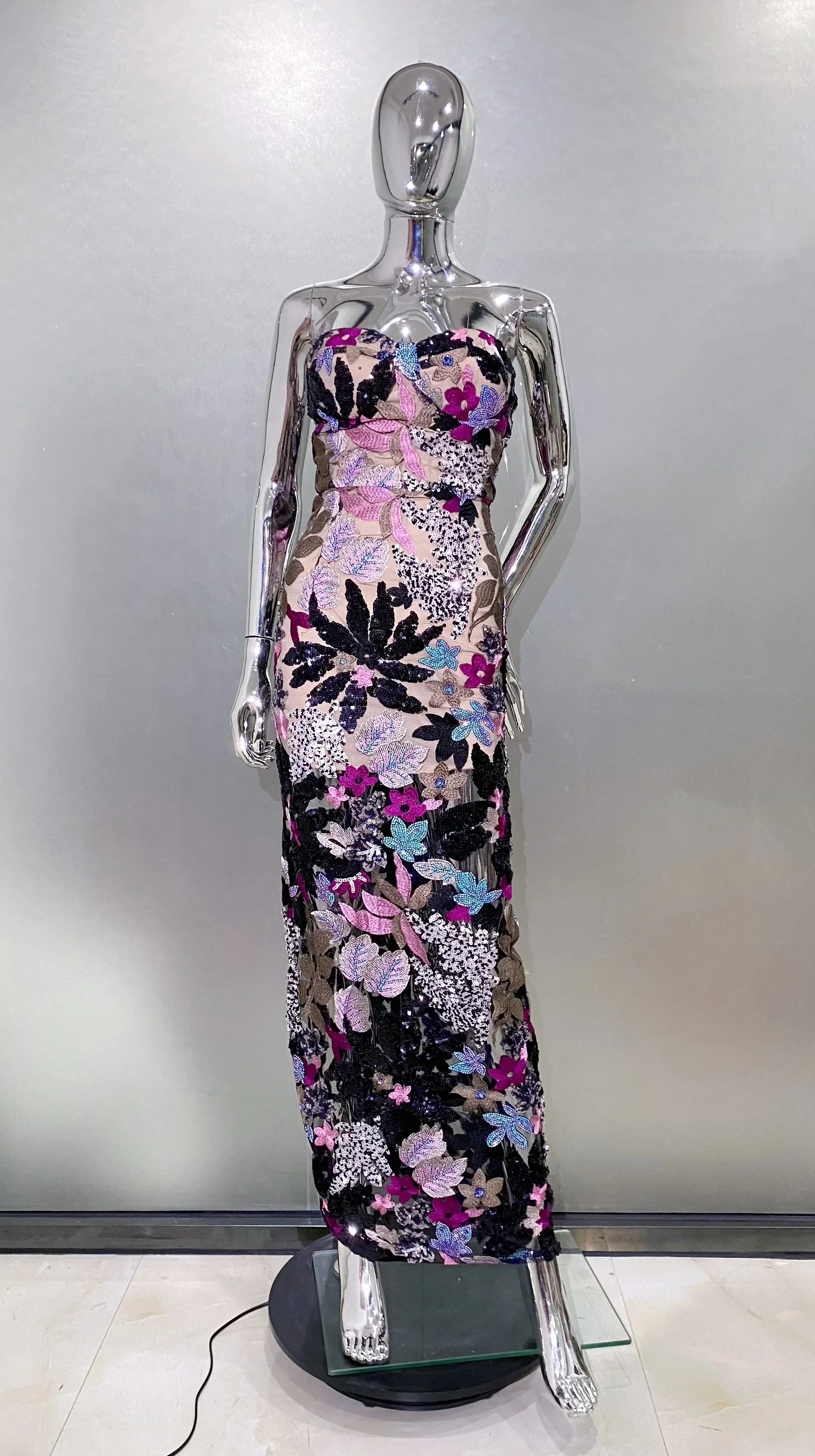 Sequin Flowers Embroidery Sexy Mesh See Through Strapless Ankle Length Dress Elegant Woman Evening Dress Celebrity Party Outfit - Image 8