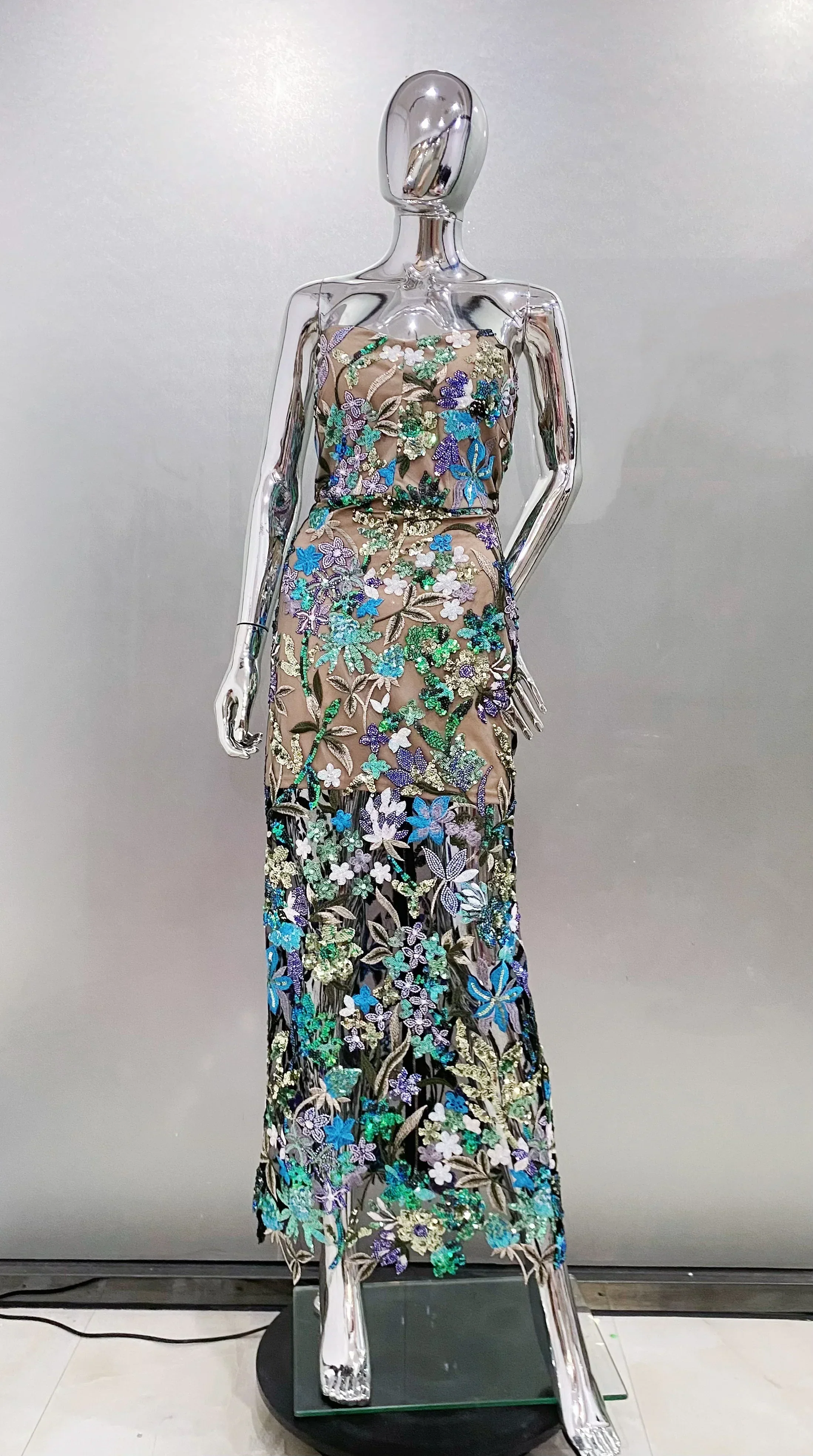 Sequin Flowers Embroidery Sexy Mesh See Through Strapless Ankle Length Dress Elegant Woman Evening Dress Celebrity Party Outfit - Image 9