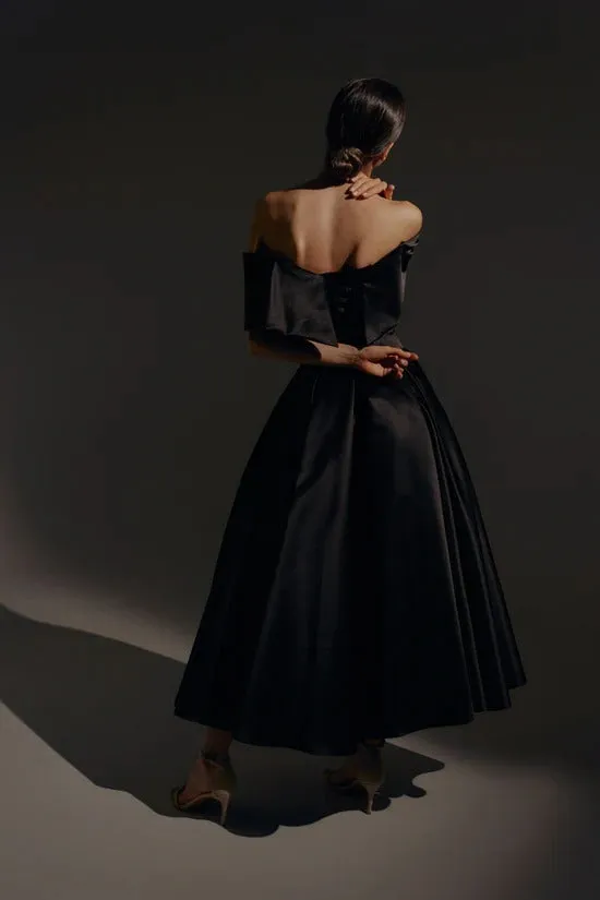 Black Satin Midi Dress Vestido De Novia Satin Mermaid Princess Bridal Gown Bow Simple Court Train Wedding Dress - Image 6