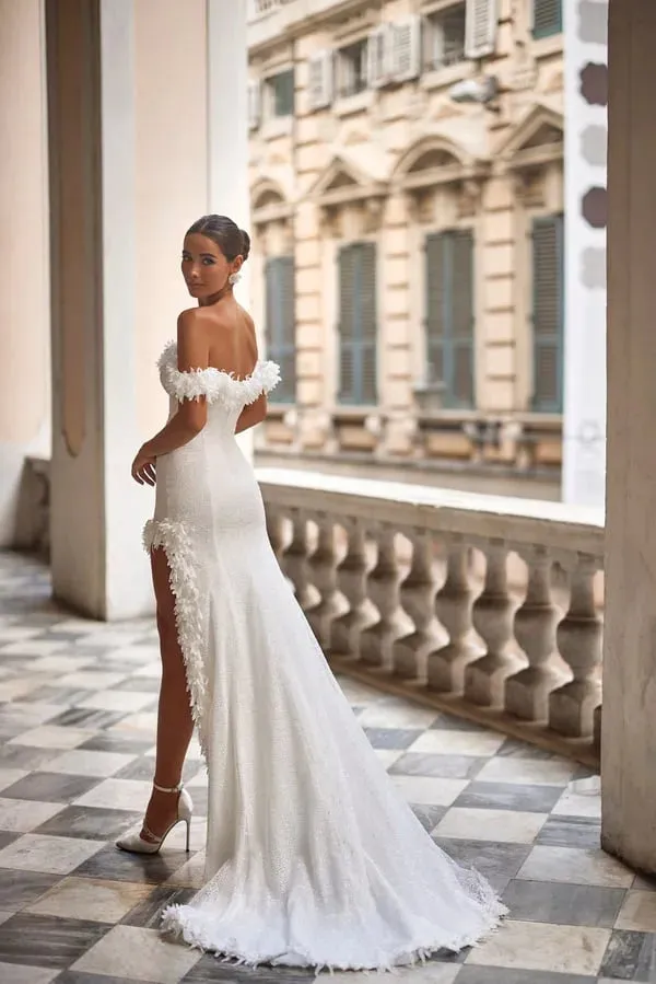 Sequined Off The Shoulder Bride Robe Classic 3D Flower Bridal Gown Sexy Side High Slit Wedding Dresses Robe De Mariée - Image 2