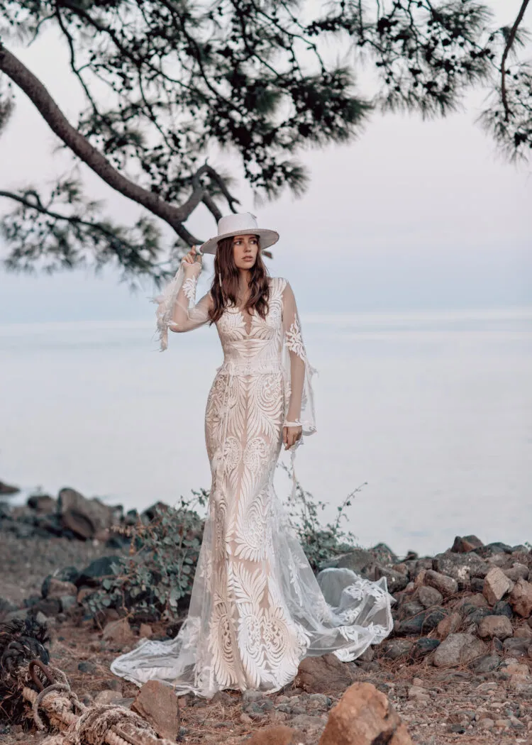Serene A-Line Beach Wedding Dress with Long Sleeves, V-Neckline & Flattering Natural Waistline for a Dreamy Boho Bridal Look - Image 3
