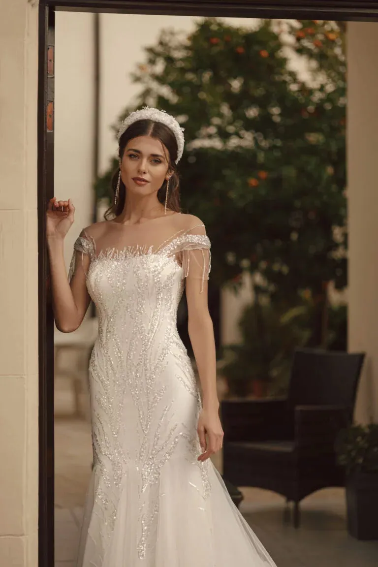 Serpentine-Mermaid Bridal Gown with Off-the-Shoulder Sleeves, Off-Shoulder Neckline, Embroidery Detailing, and Natural Waistline - Image 2