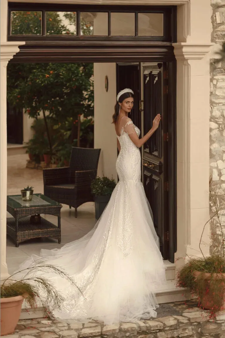 Serpentine-Mermaid Bridal Gown with Off-the-Shoulder Sleeves, Off-Shoulder Neckline, Embroidery Detailing, and Natural Waistline - Image 3