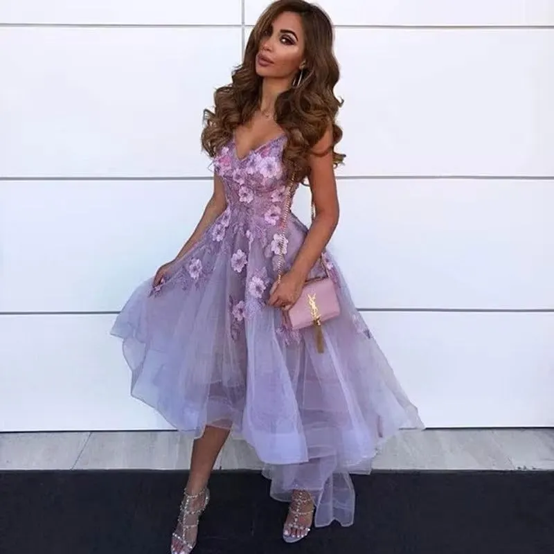 Lavender 3D Flower Cocktail Dresses High Low V Neck Lace Applique Vestidos De Gala Tulle Homecoming Gowns Abendkleider - Image 3