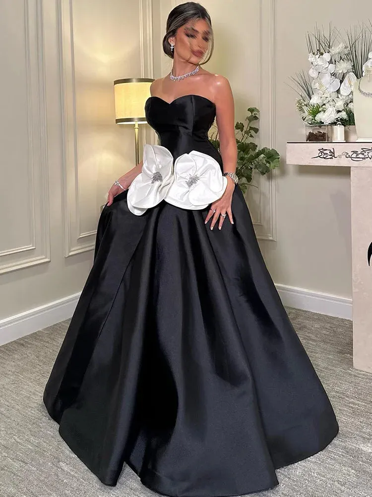 Sexy A-Line Prom Gowns Sweetheart Black White Floral Beaded Party Evening Dress Floor Length Saudi Formal Occasion Gown - Image 5