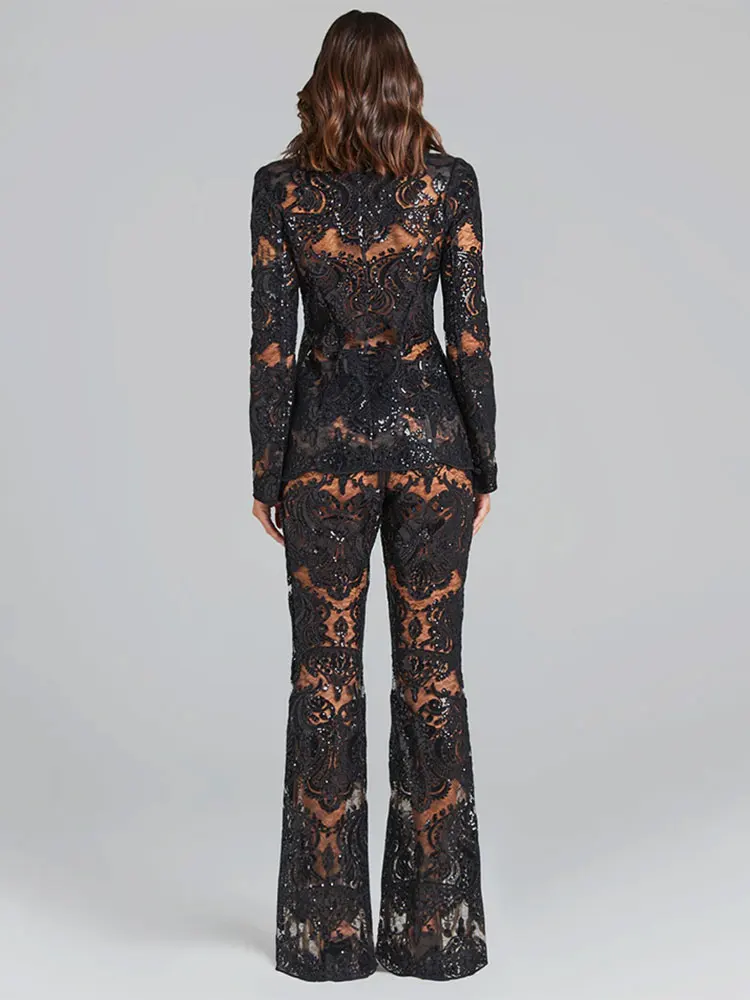 Sexy Autumn Women's Sequin Perspective Suit Pants Set with Polo Collar Long Sleeve Slim Fit Suit Coat+Flare Pants Two Piece Set - Image 2