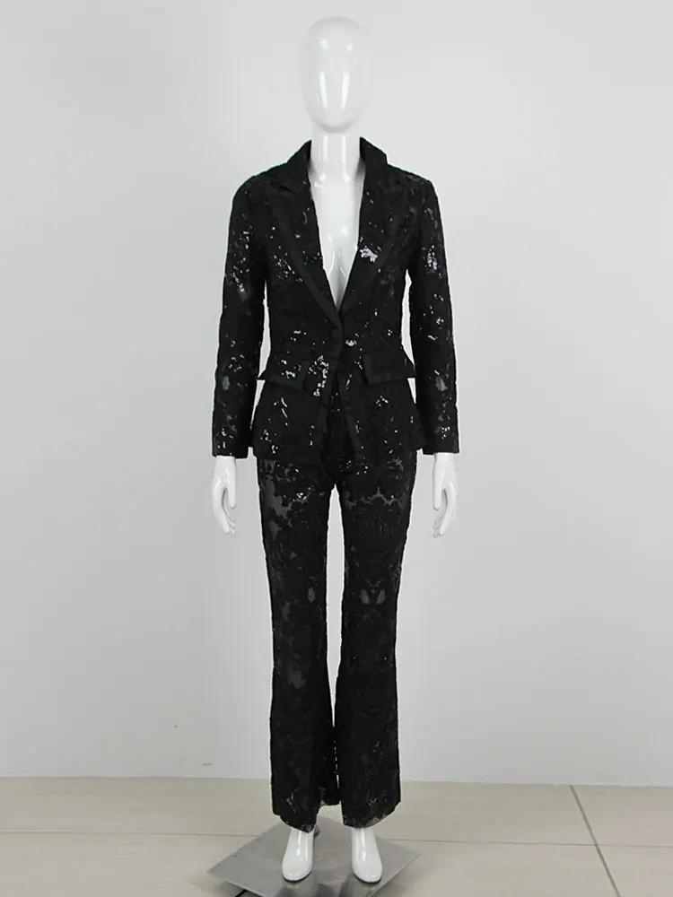 Sexy Autumn Women's Sequin Perspective Suit Pants Set with Polo Collar Long Sleeve Slim Fit Suit Coat+Flare Pants Two Piece Set - Image 3
