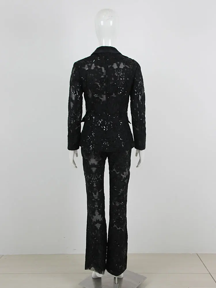 Sexy Autumn Women's Sequin Perspective Suit Pants Set with Polo Collar Long Sleeve Slim Fit Suit Coat+Flare Pants Two Piece Set - Image 4