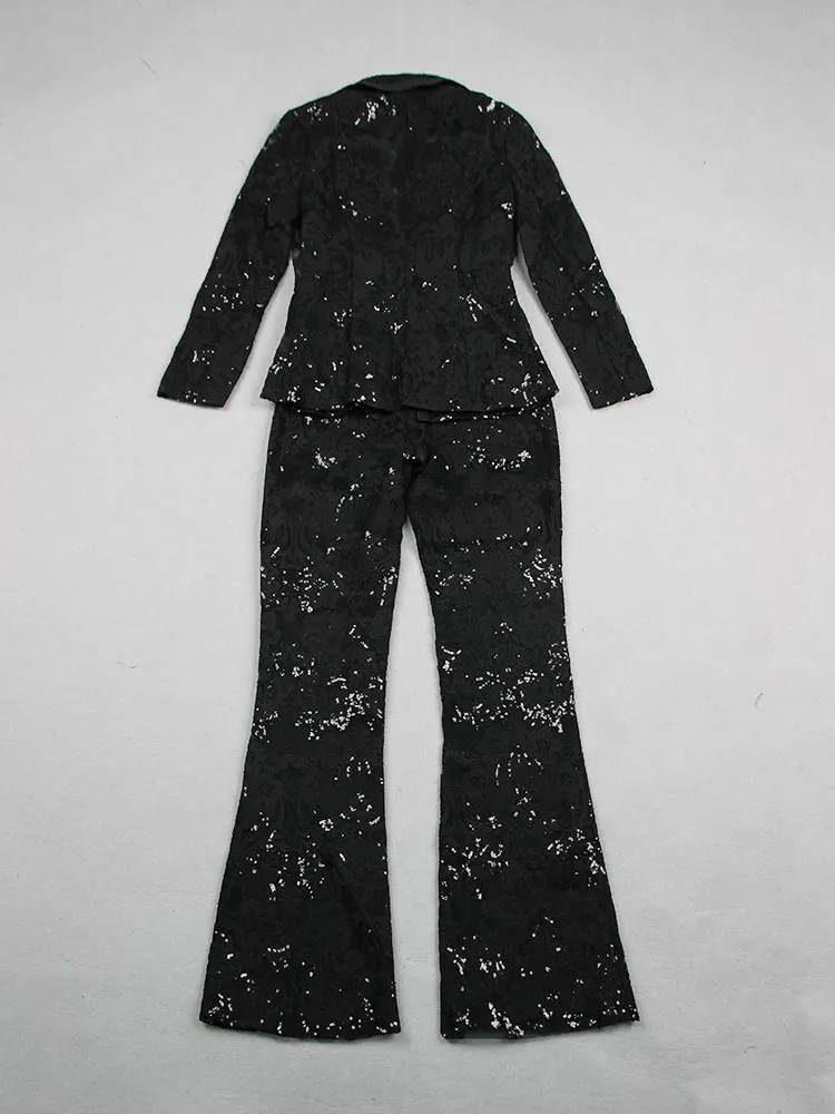 Sexy Autumn Women's Sequin Perspective Suit Pants Set with Polo Collar Long Sleeve Slim Fit Suit Coat+Flare Pants Two Piece Set - Image 5