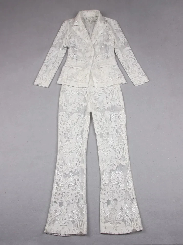 Sexy Autumn Women's Sequin Perspective Suit Pants Set with Polo Collar Long Sleeve Slim Fit Suit Coat+Flare Pants Two Piece Set - Image 6