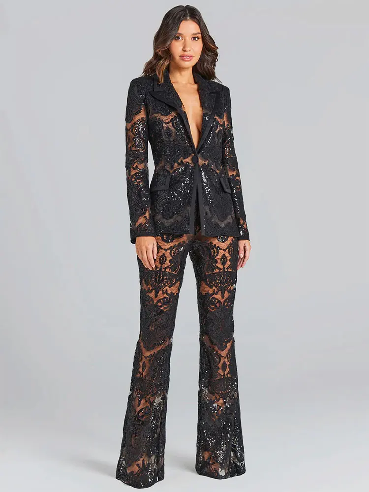 Sexy Autumn Women's Sequin Perspective Suit Pants Set with Polo Collar Long Sleeve Slim Fit Suit Coat+Flare Pants Two Piece Set - Image 7