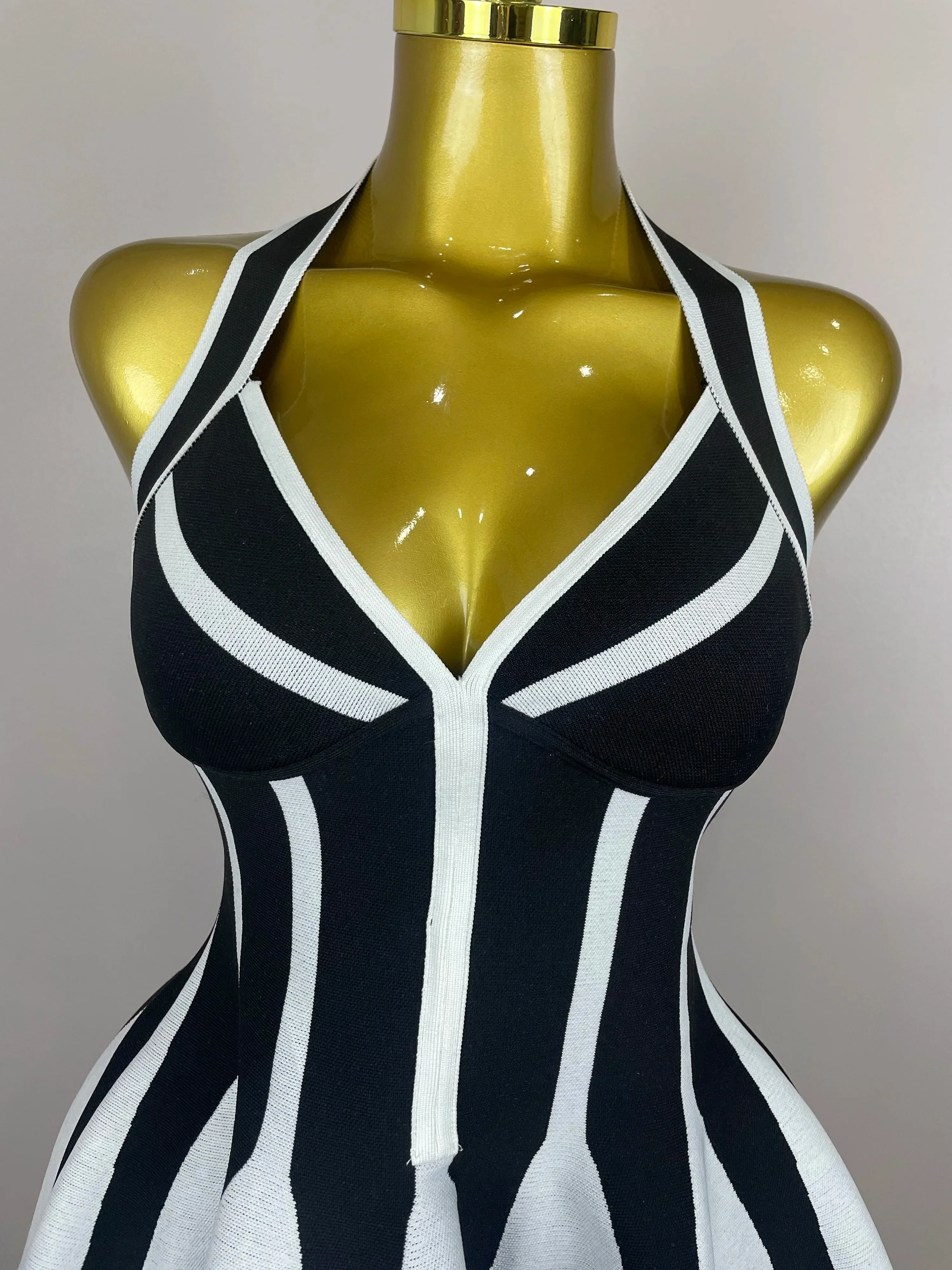 Sexy Backless Black White Stripes Halter Bandage A Line Short Dress Women Celebrity Elegant Evening Party Holiday Club Dress - Image 4