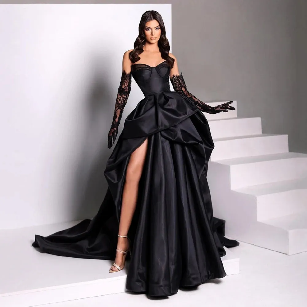 Sexy Black Ladies Satin Off Shoulder Prom Dress Side Slit Puff Dress Evening Dress Princess Sexy Cocktail Dress Lace Long Sleeve - Image 2