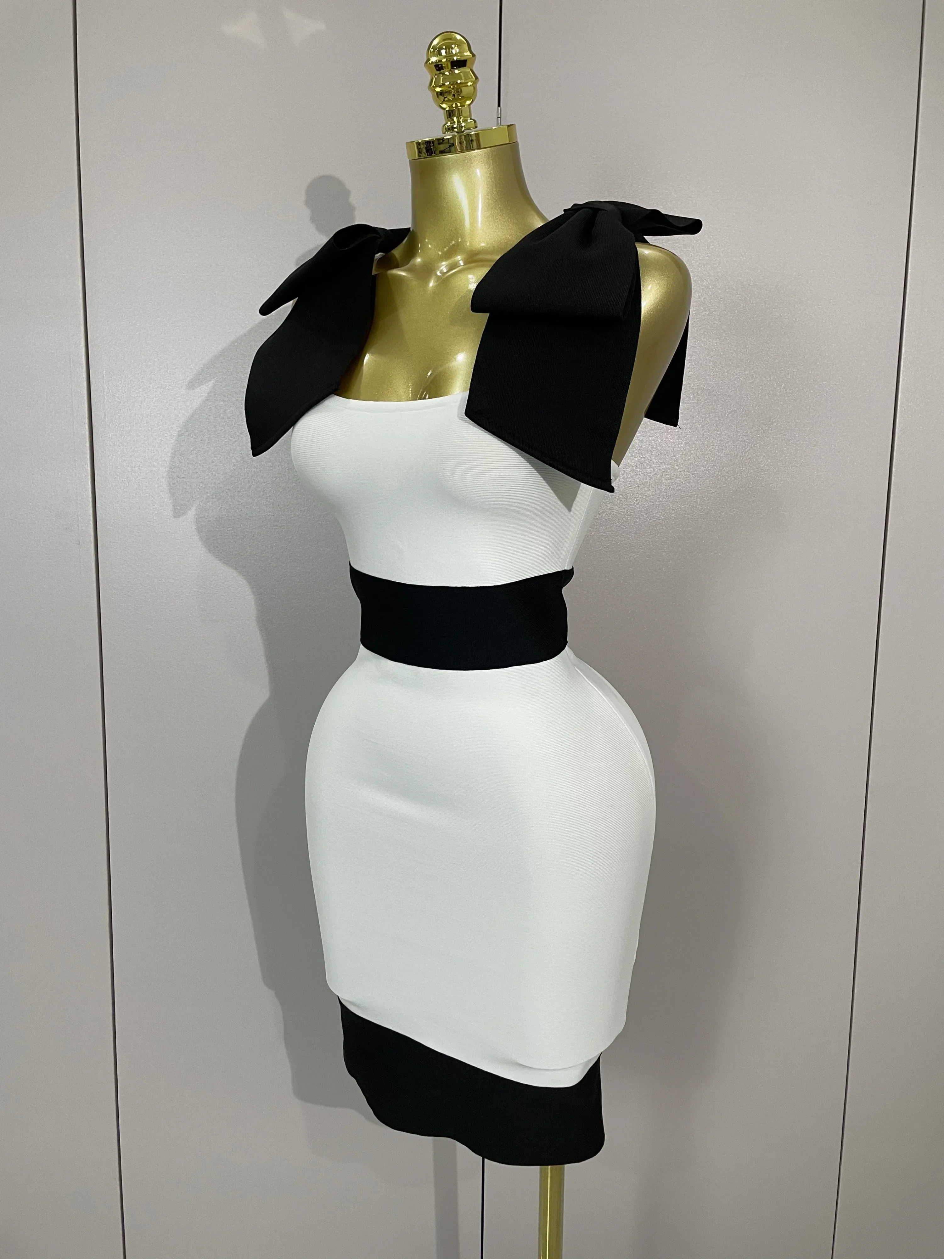 Sexy Bow Tie Black White Patchwork Bodycon Bandage Dress  Women Celebrity Elegant Evening Club Party Birthday Dresses - Image 2
