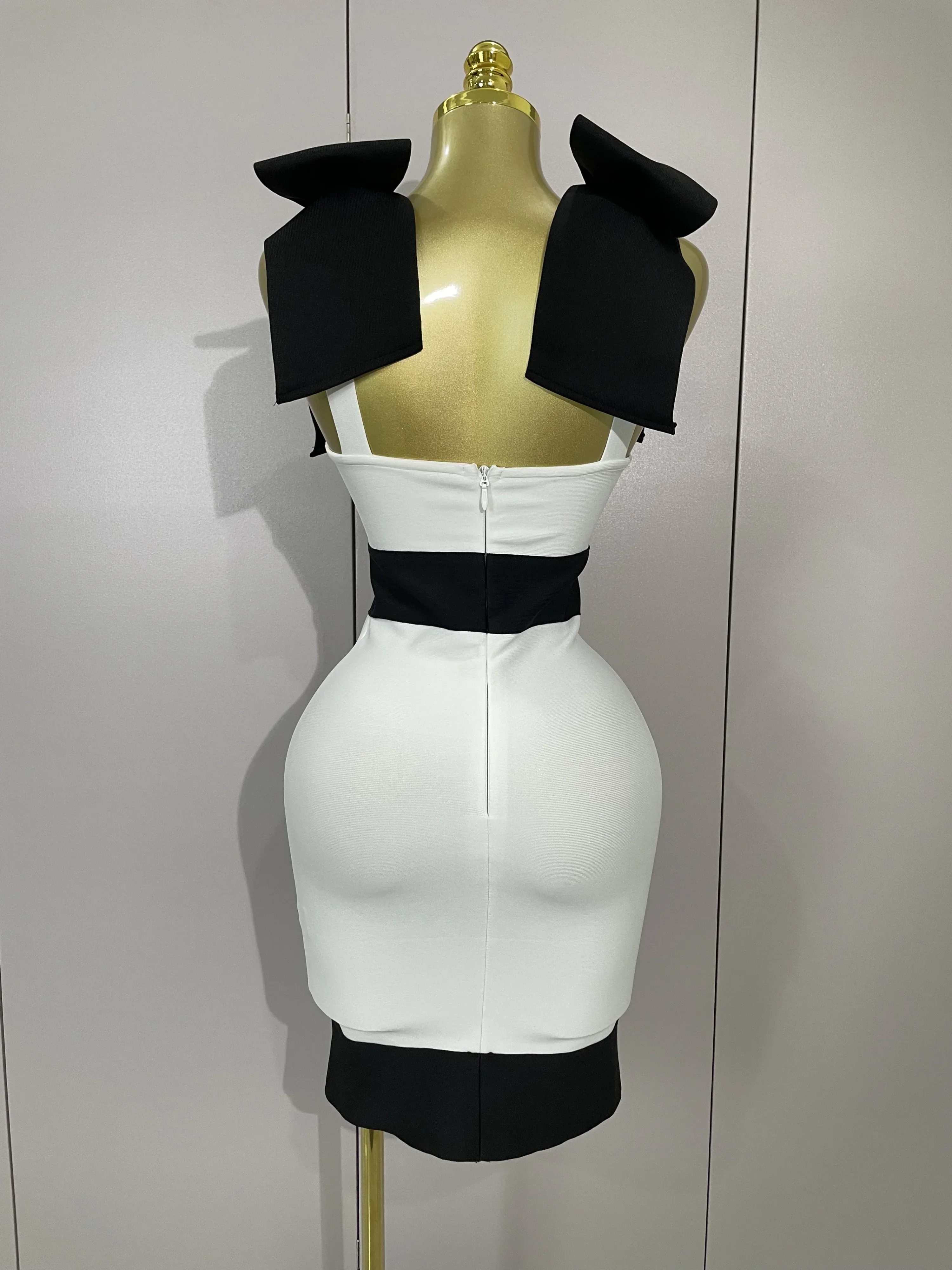 Sexy Bow Tie Black White Patchwork Bodycon Bandage Dress  Women Celebrity Elegant Evening Club Party Birthday Dresses - Image 3