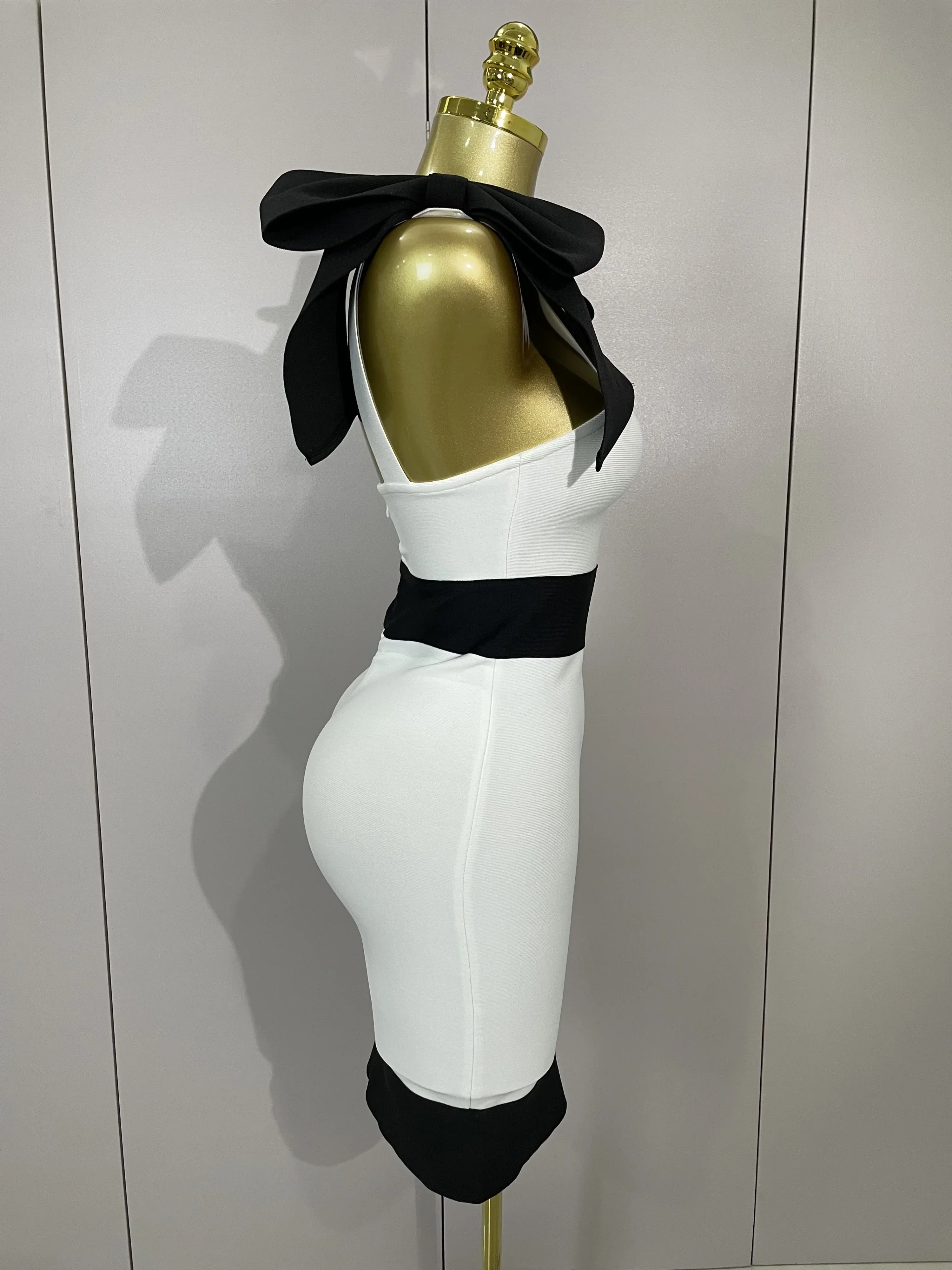 Sexy Bow Tie Black White Patchwork Bodycon Bandage Dress  Women Celebrity Elegant Evening Club Party Birthday Dresses - Image 4