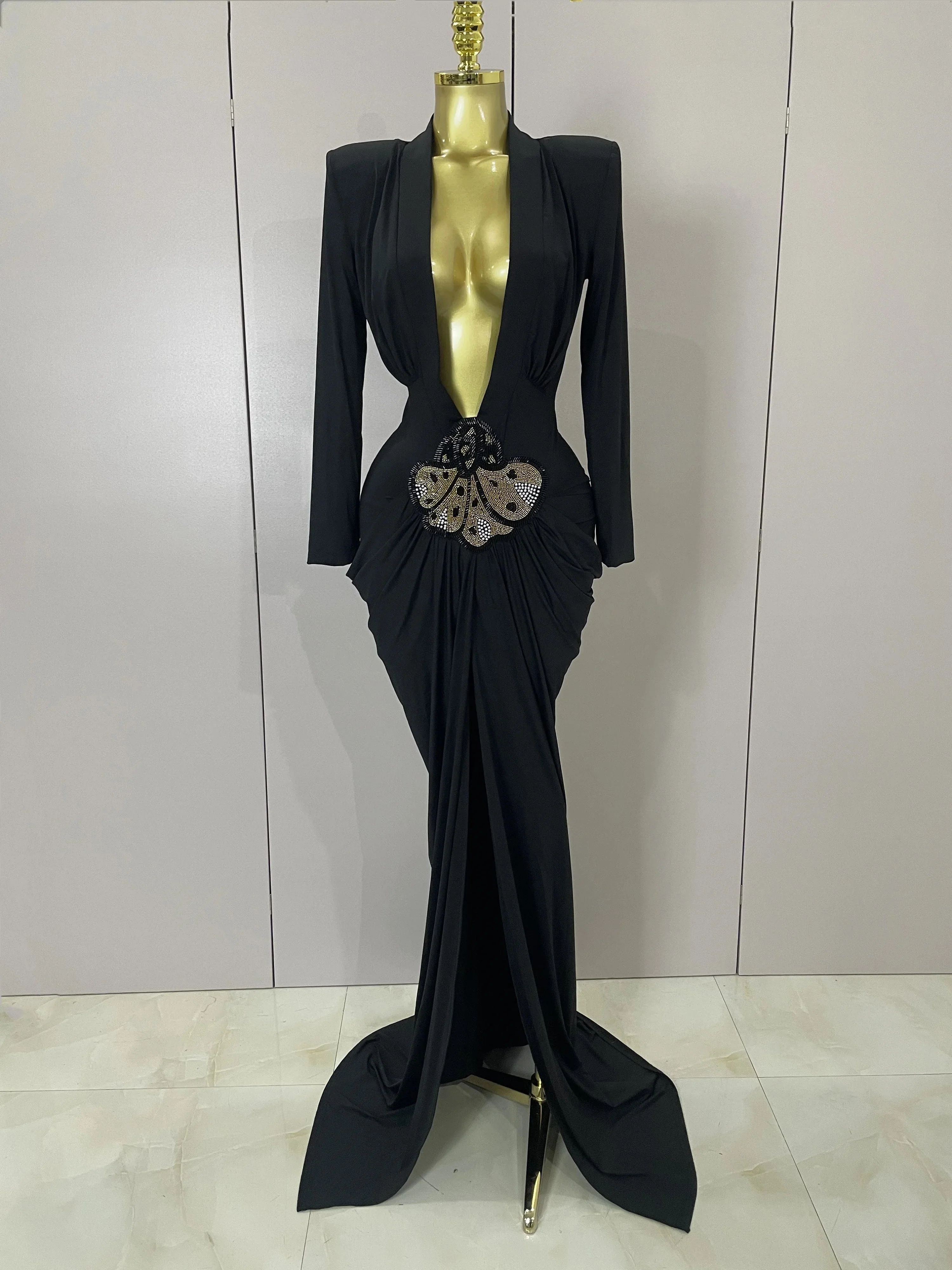Sexy Deep V-Neck Long Sleeve Bodycon Long Dress Women Spring Elegant Evening Party Celebrate Cocktail Outfit Vestido