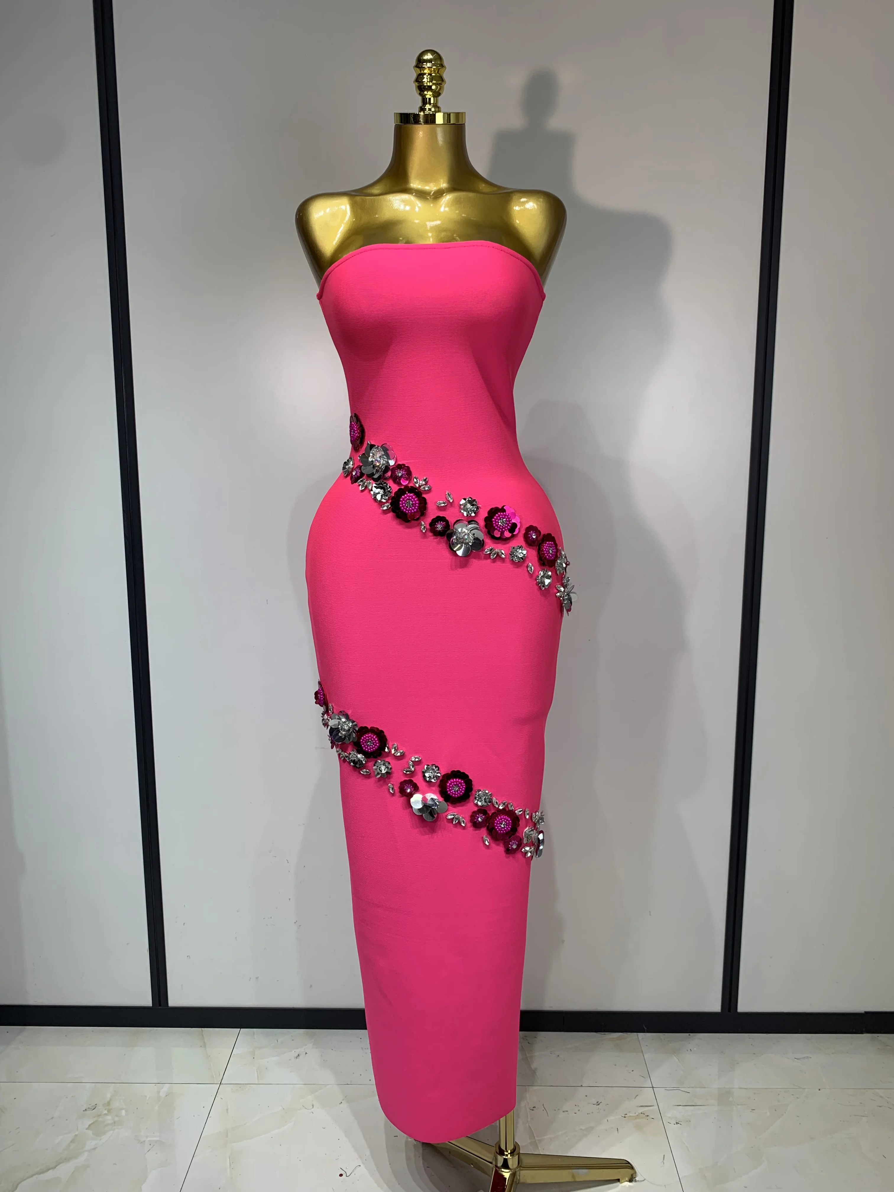 Sexy Fashion Elegant Strapless Beading Bodycon Long Dress Women Club Birthday Evening Party Slim Celebrity Elegangt Dresses