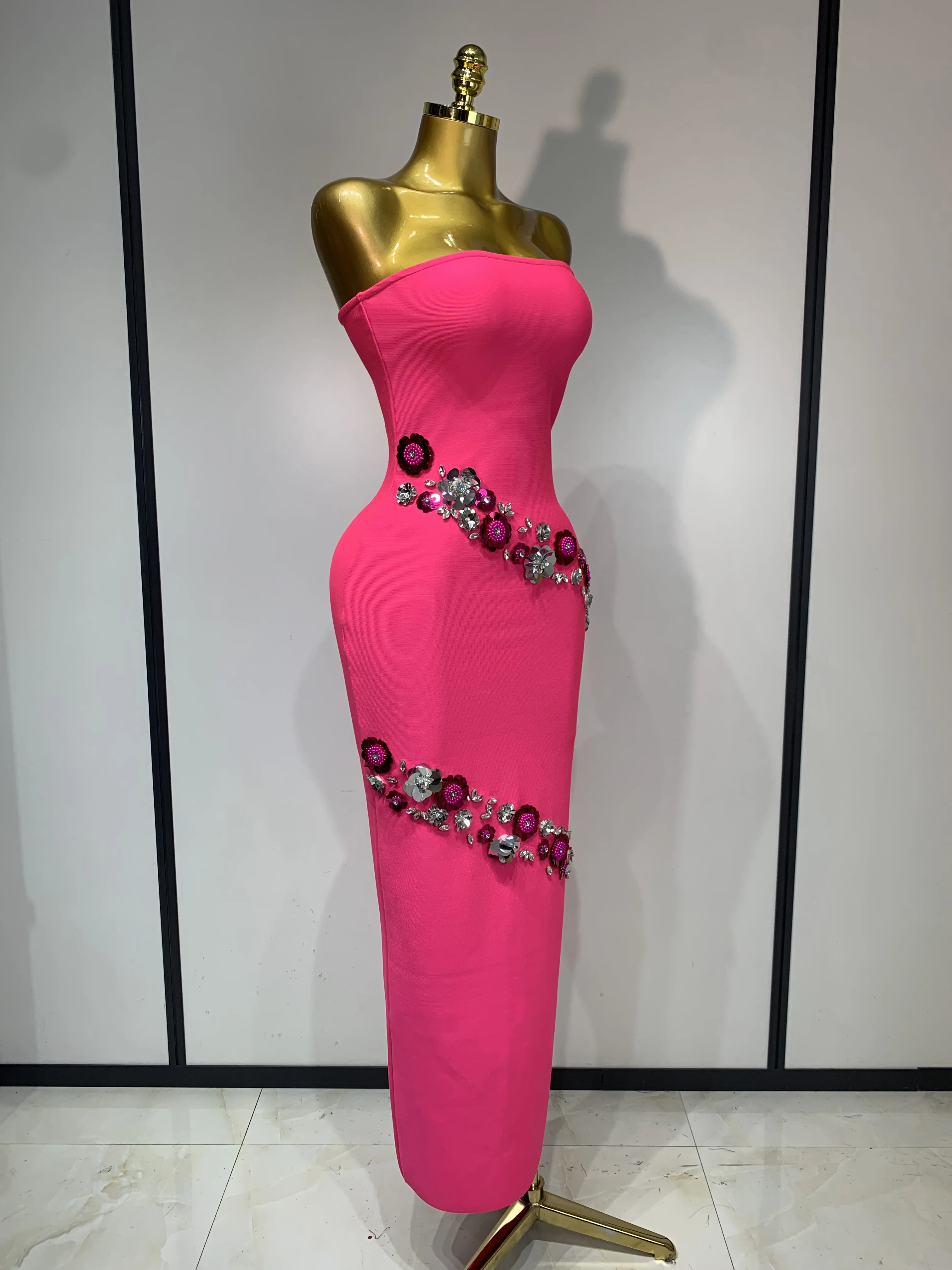 Sexy Fashion Elegant Strapless Beading Bodycon Long Dress Women Club Birthday Evening Party Slim Celebrity Elegangt Dresses - Image 2