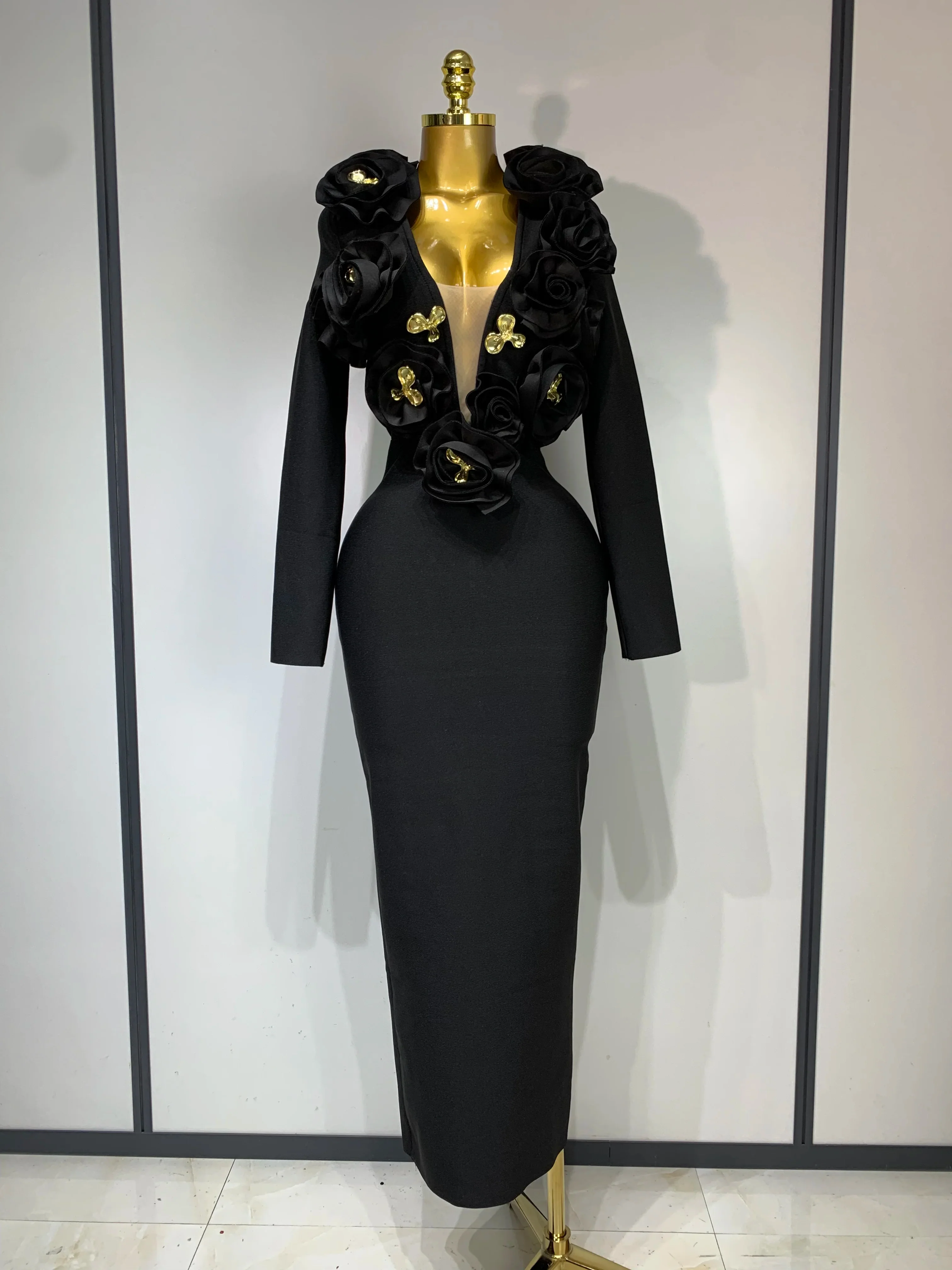Sexy Fashion Red 3D Flower Long Sleeves Bodycon Bandage Dress Women Celebrity Elegant Evening Party Club Luxury Birthday Dresses
