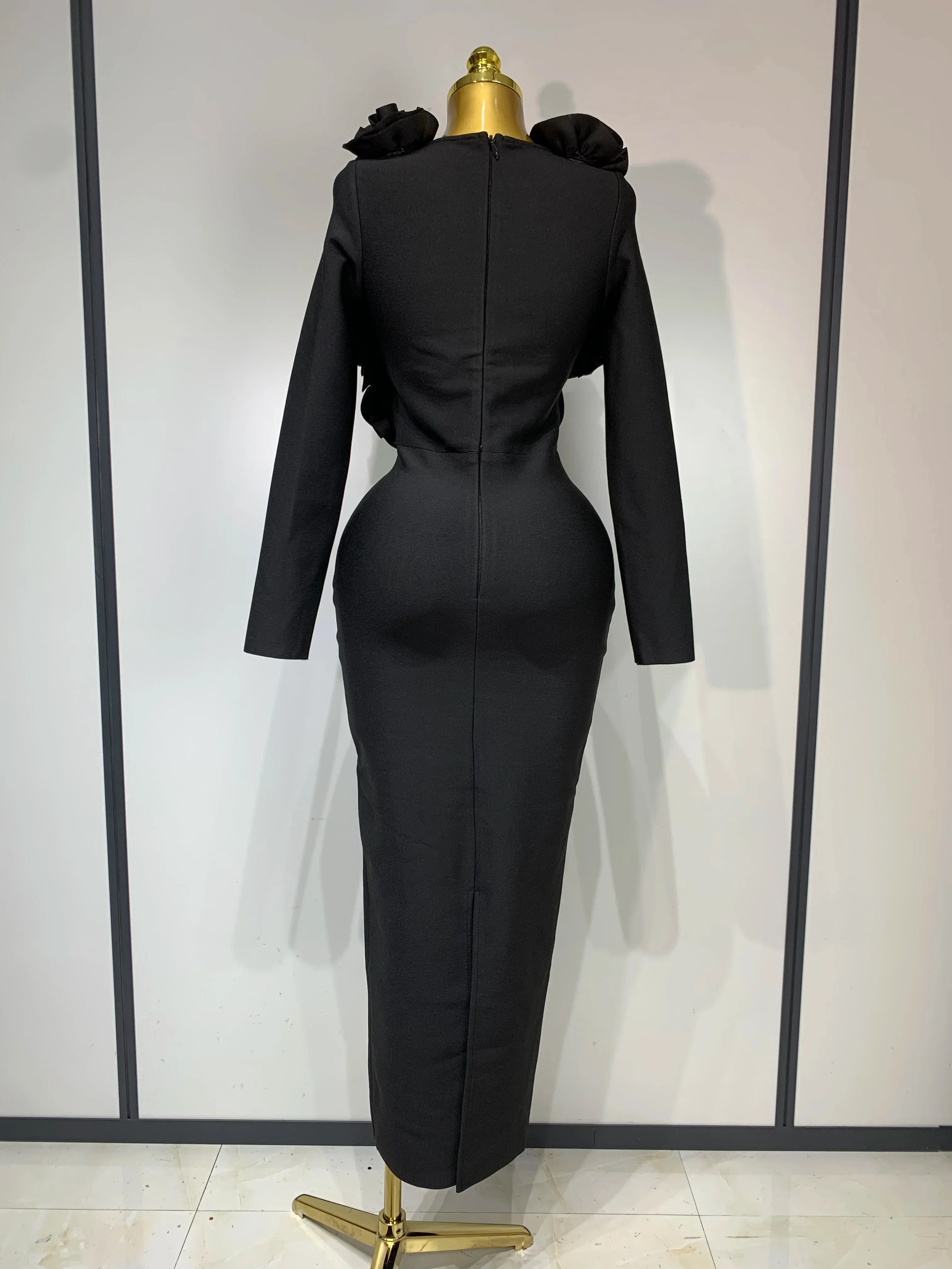 Sexy Fashion Red 3D Flower Long Sleeves Bodycon Bandage Dress Women Celebrity Elegant Evening Party Club Luxury Birthday Dresses - Image 4