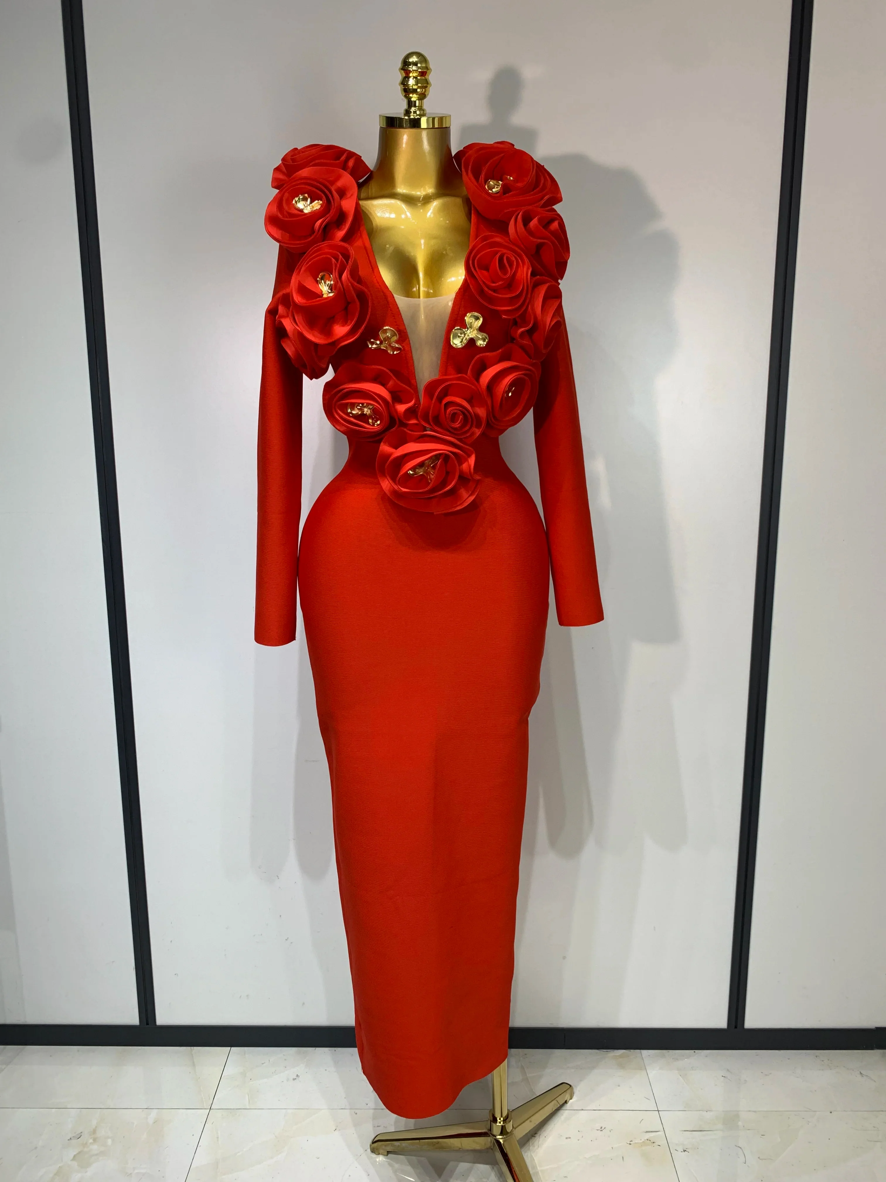 Sexy Fashion Red 3D Flower Long Sleeves Bodycon Bandage Dress Women Celebrity Elegant Evening Party Club Luxury Birthday Dresses - Image 7