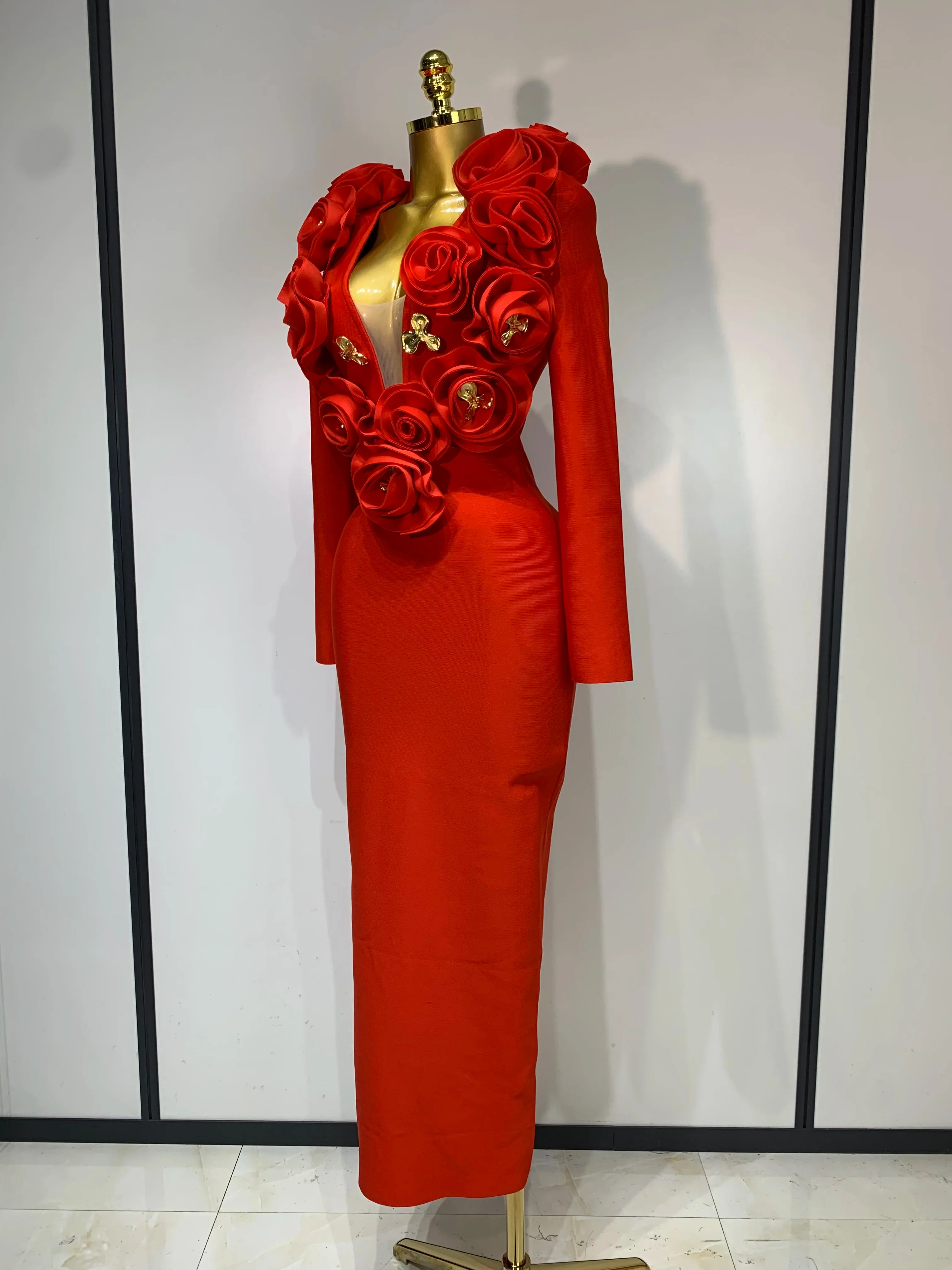 Sexy Fashion Red 3D Flower Long Sleeves Bodycon Long Bandage Dress Women Celebrity Elegant Evening Party Birthday Dresses - Image 2