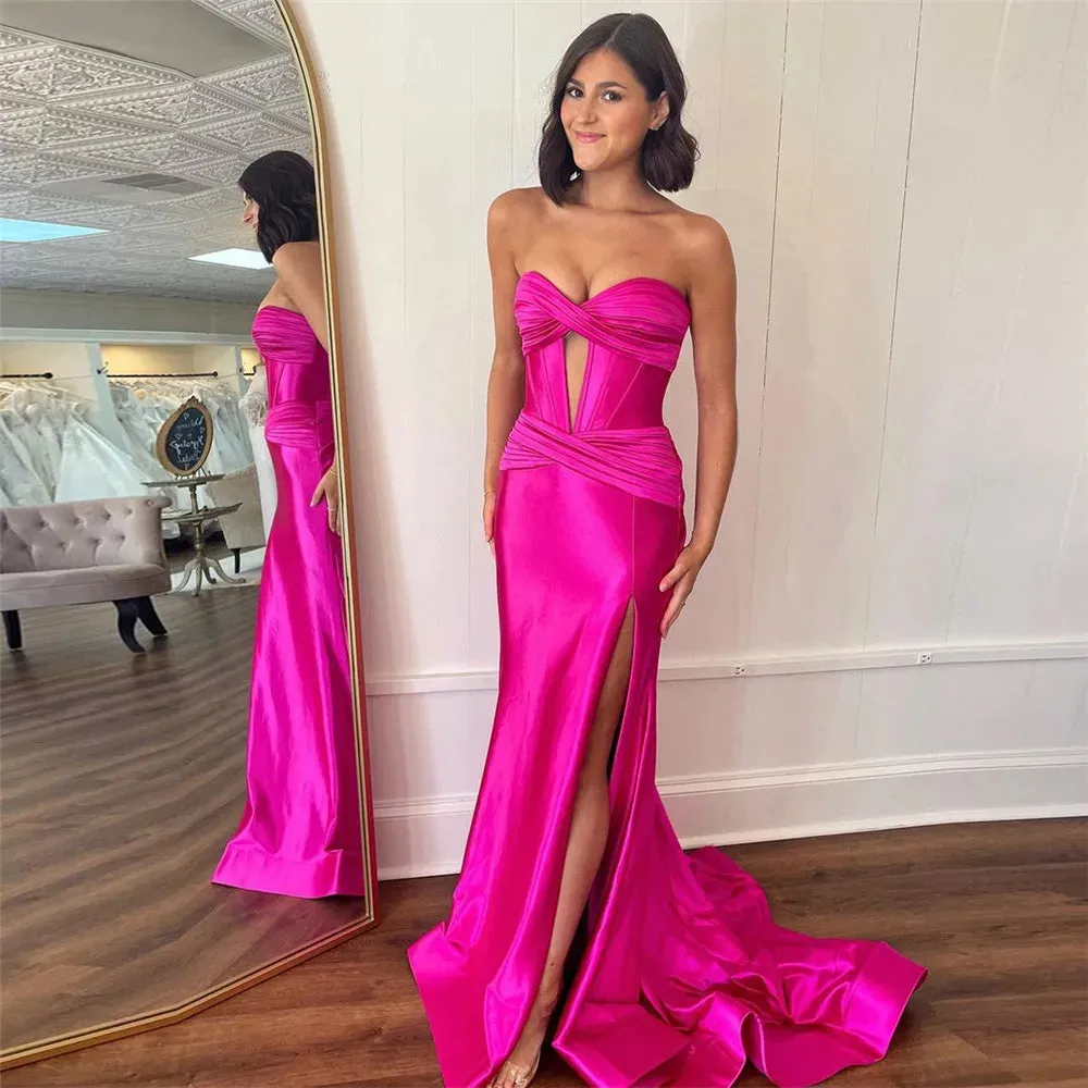 Sexy Satin Prom Dress Mermaid Strapless High Slit Floor Length Sweep Floor Evening Dress vestido de gala - Image 2
