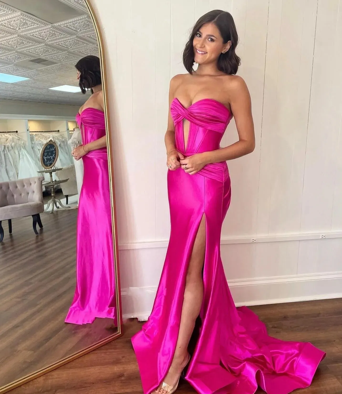 Sexy Satin Prom Dress Mermaid Strapless High Slit Floor Length Sweep Floor Evening Dress vestido de gala - Image 3