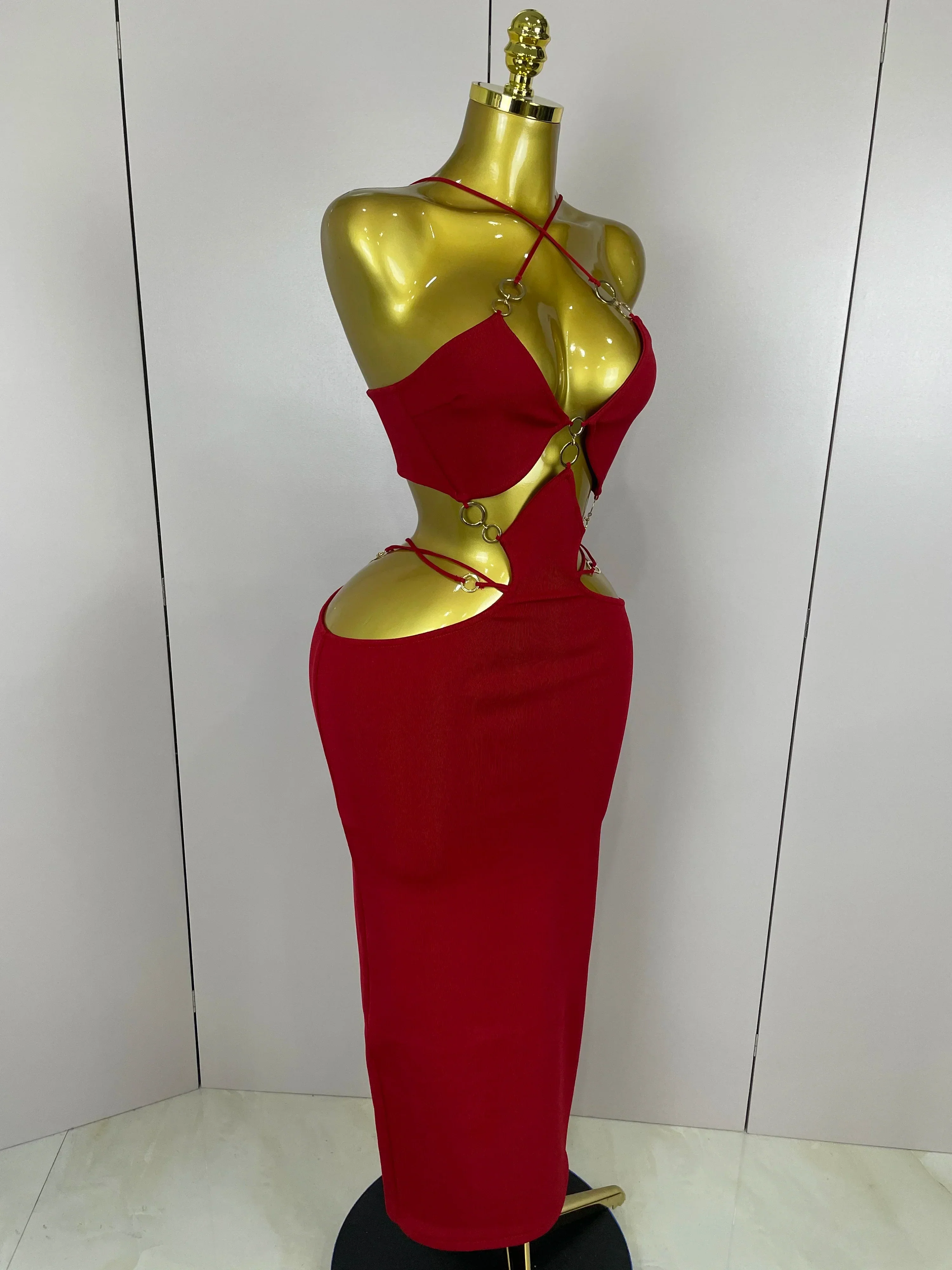 Sexy Halter Hollow Out  Sleeveless Black Red Bodycon Long Bandage Dress  Women Celebate Elegant Luxury Birthday Club Dress - Image 4