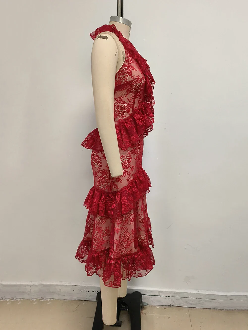 Sexy Lace Midi Halter Dress Women Red Ruffle Backless Sleeveless Party Dresses Summer Lady Vacation Robes New - Image 4